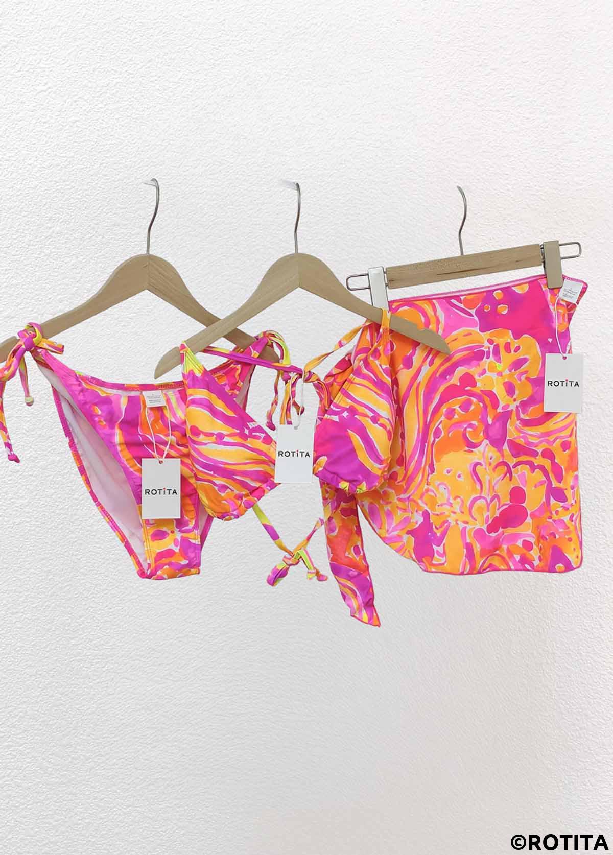 Hot Pink swimwear,Paisley swimwear,ROTITA Three-piece Hot Pink Paisley Print Bikini Set