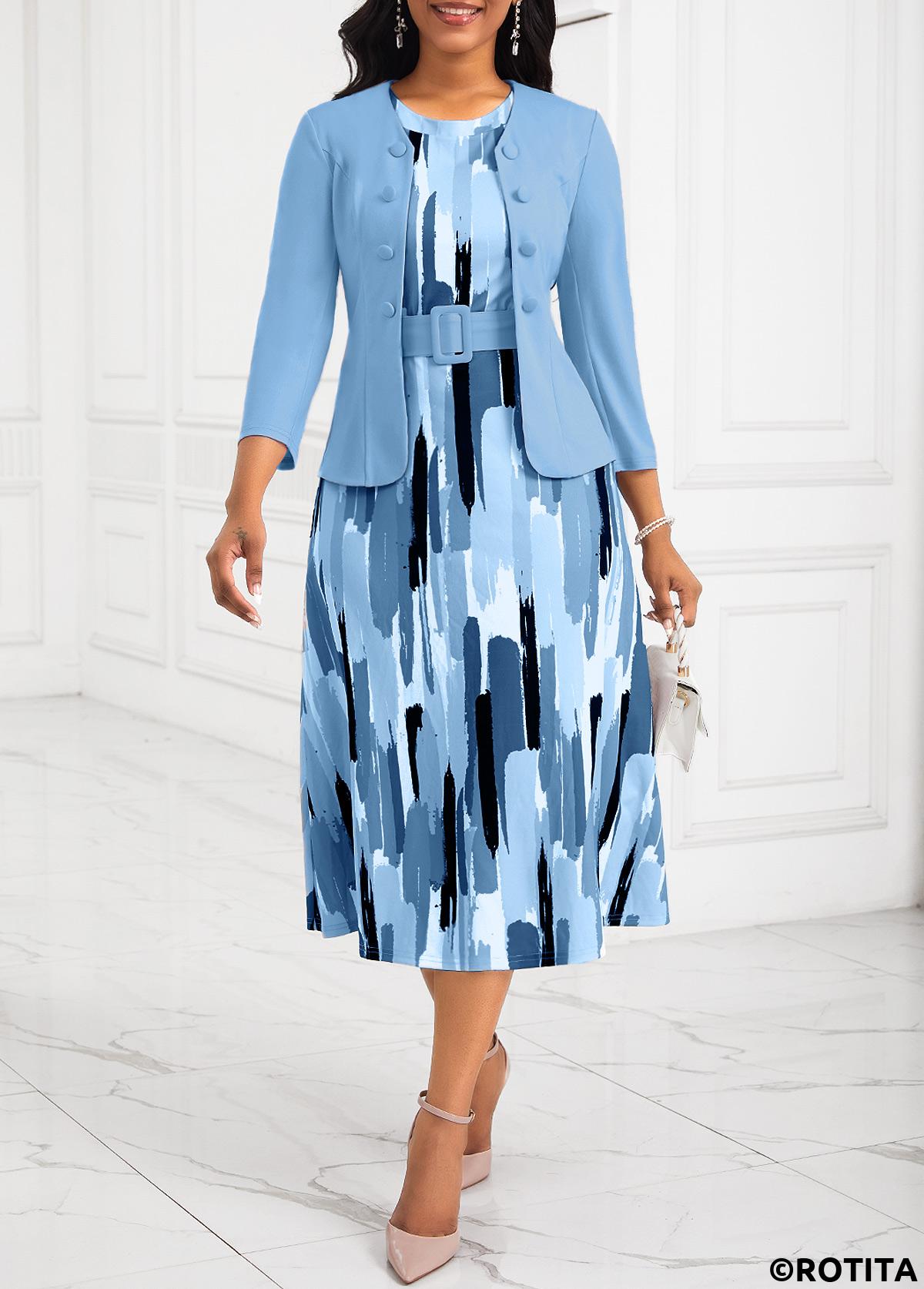 Light Blue dresses,Graphic dresses,Striped dresses,Everyday dresses,Casual dresses,ROTITA Two Piece Light Blue Belted Round Neck Dress and Cardigan