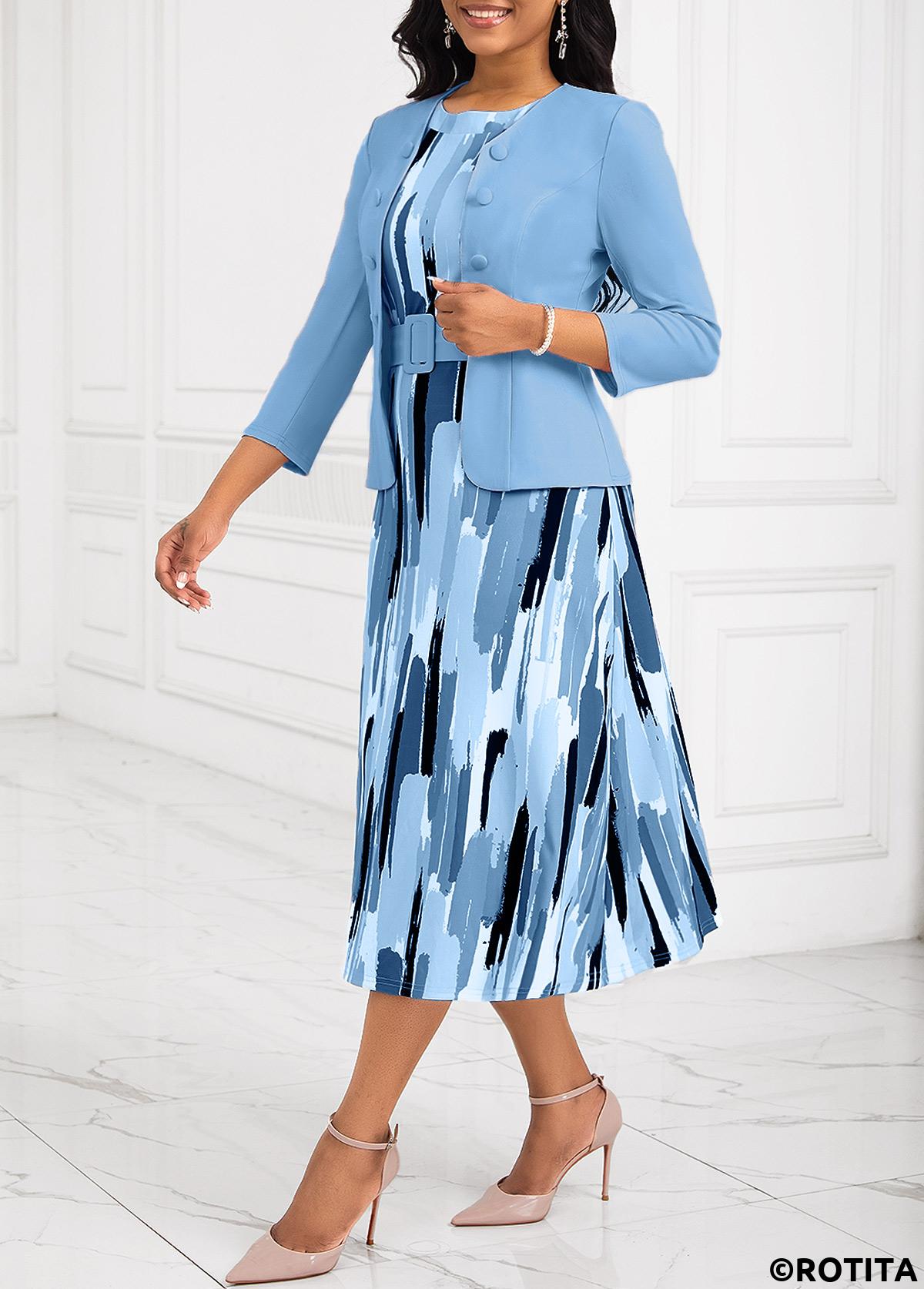 Light Blue dresses,Graphic dresses,Striped dresses,Everyday dresses,Casual dresses,ROTITA Two Piece Light Blue Belted Round Neck Dress and Cardigan