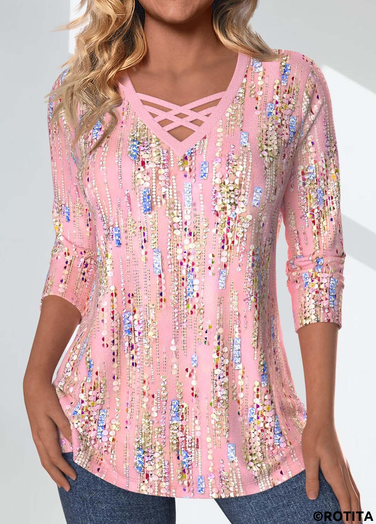 Light Pink tops,Geometric tops,Striped tops,Dot tops,ROTITA Criss Cross Geometric Print Light Pink T Shirt