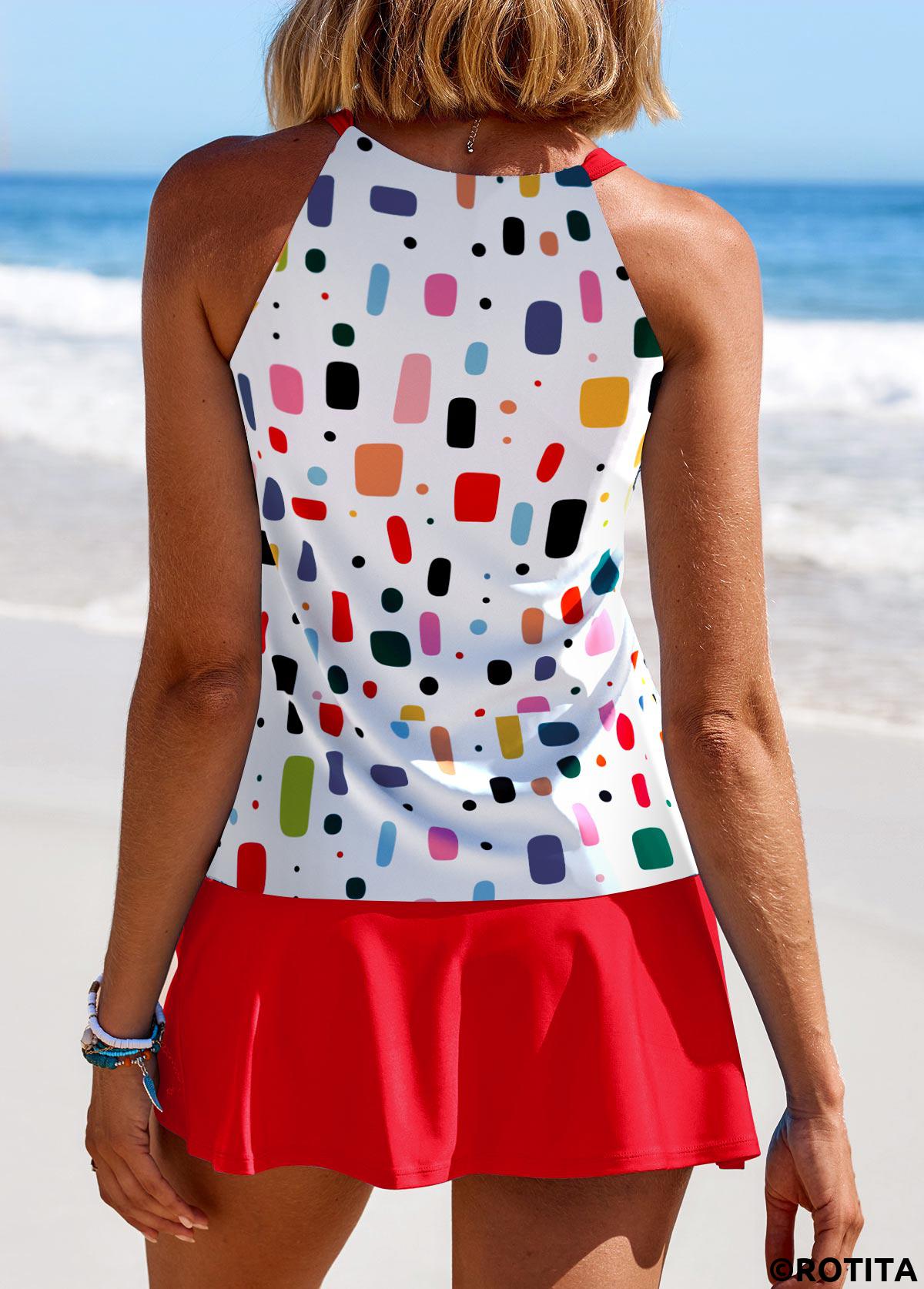 Red swimwear,Rainbow Color swimwear,Geometric swimwear,Dot swimwear,ROTITA Cut Out Red Geometric Print Tankini Set