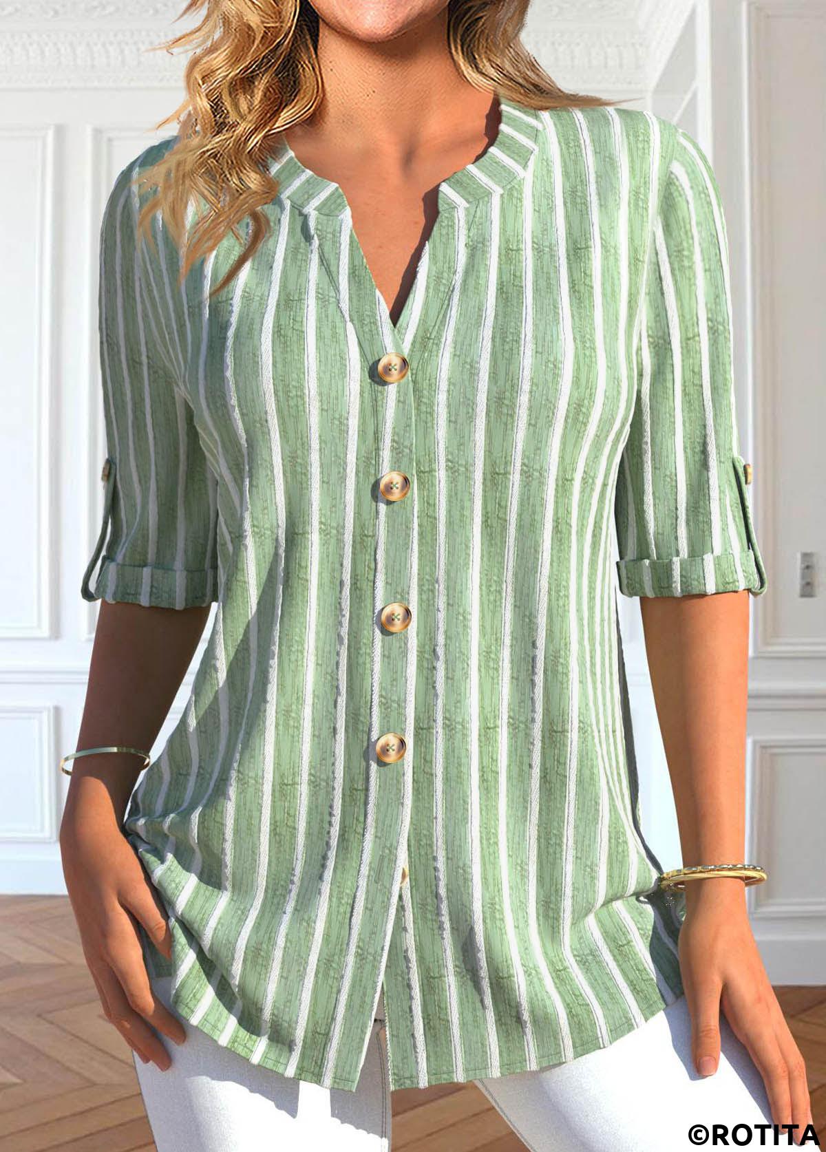 Light Green tops,Striped tops,Geometric tops,ROTITA Button Striped Light Green Split Neck Blouse
