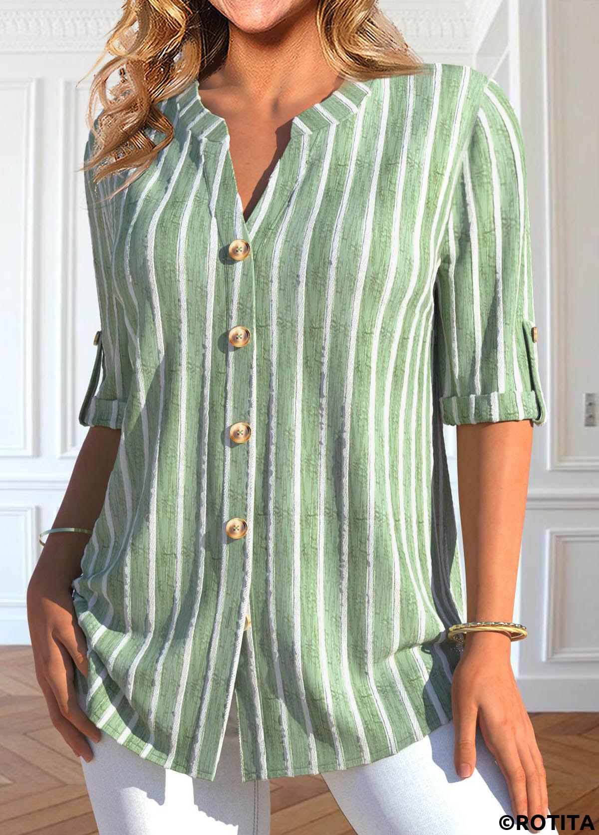 Light Green tops,Striped tops,Geometric tops,ROTITA Button Striped Light Green Split Neck Blouse