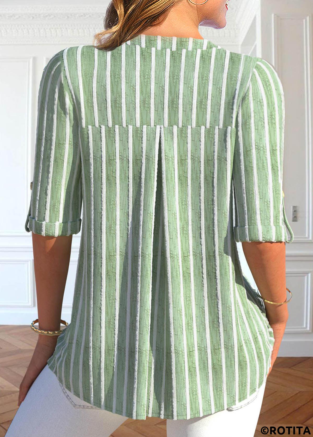 Light Green tops,Striped tops,Geometric tops,ROTITA Button Striped Light Green Split Neck Blouse