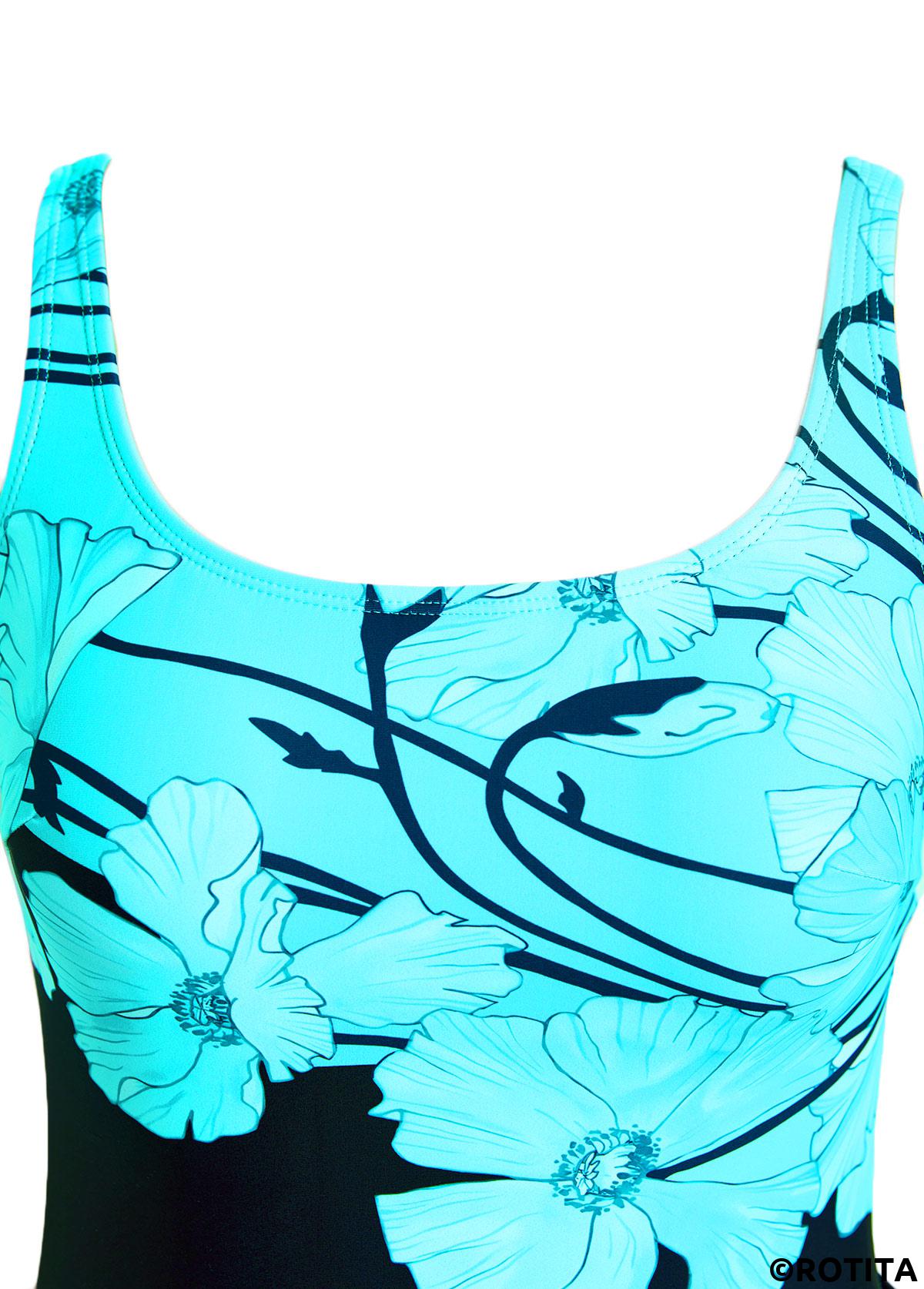 Cyan swimwear,Floral swimwear,Plants swimwear,ROTITA Tie Cyan Floral Print One Piece Swimdress