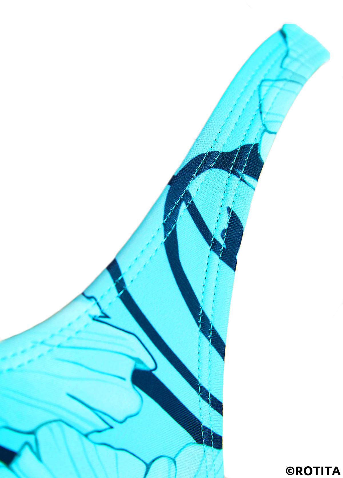 Cyan swimwear,Floral swimwear,Plants swimwear,ROTITA Tie Cyan Floral Print One Piece Swimdress