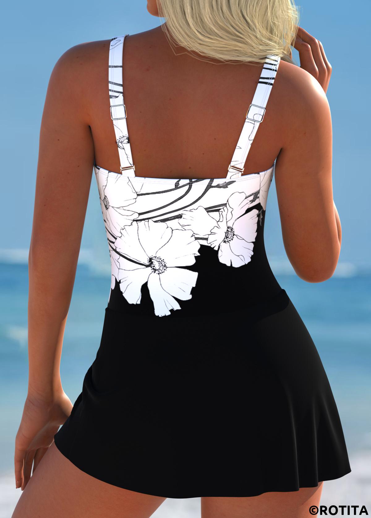 Black swimwear,Floral swimwear,Plants swimwear,ROTITA Tie Black Floral Print One Piece Swimdress