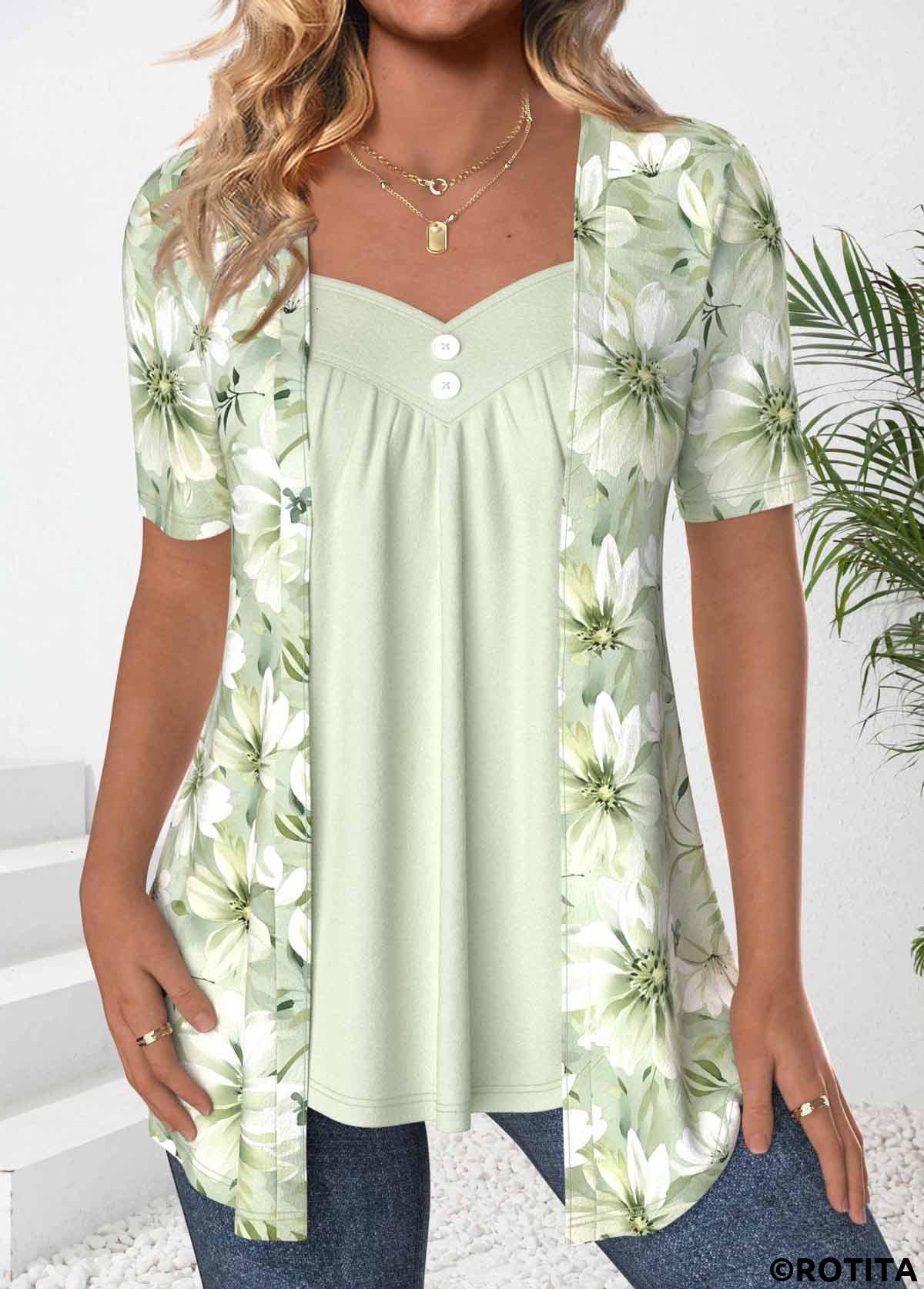 Light Green tops,Floral tops,Plants tops,ROTITA Floral Print Light Green Fake Two Piece Twinset