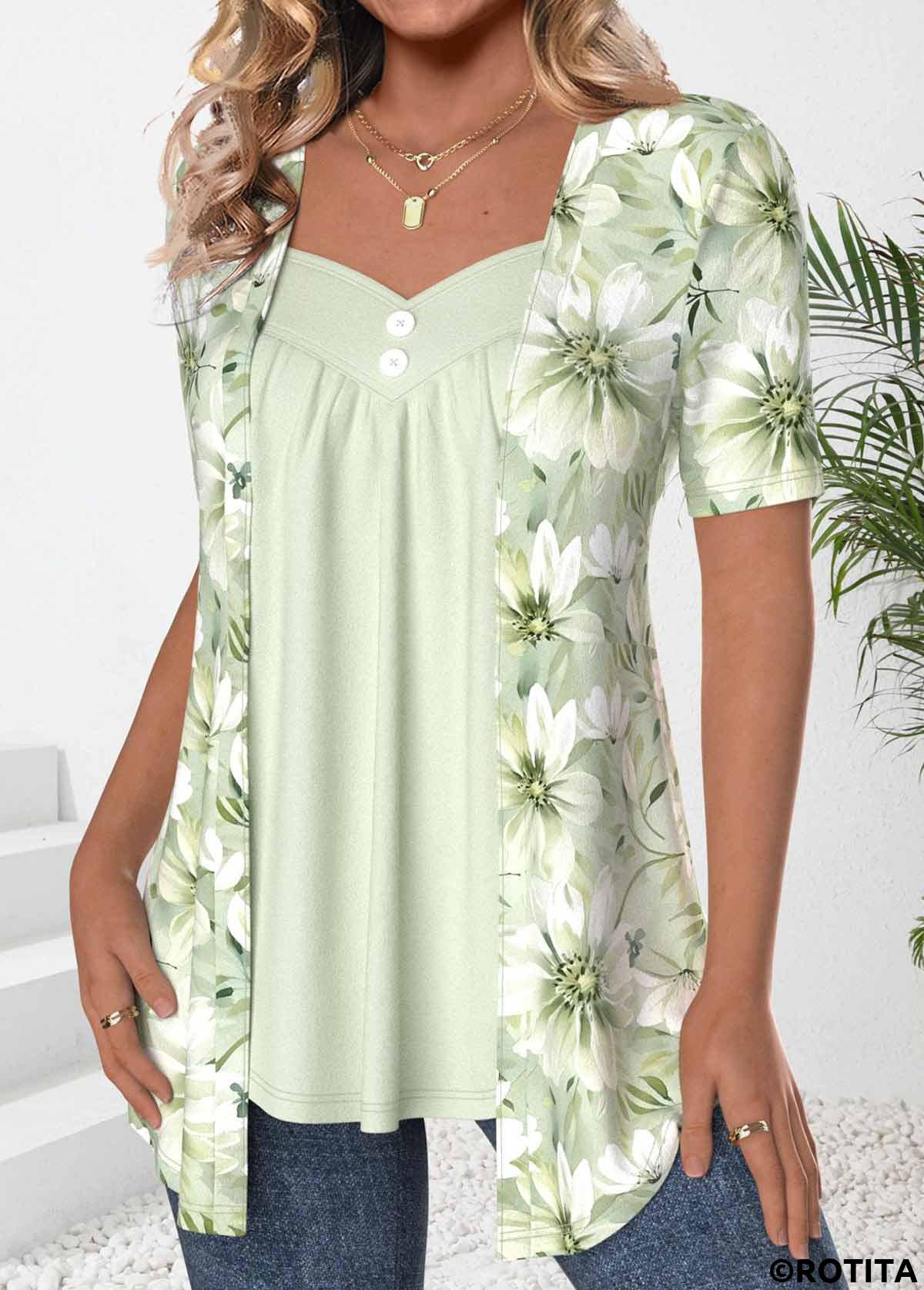 Light Green tops,Floral tops,Plants tops,ROTITA Floral Print Light Green Fake Two Piece Twinset