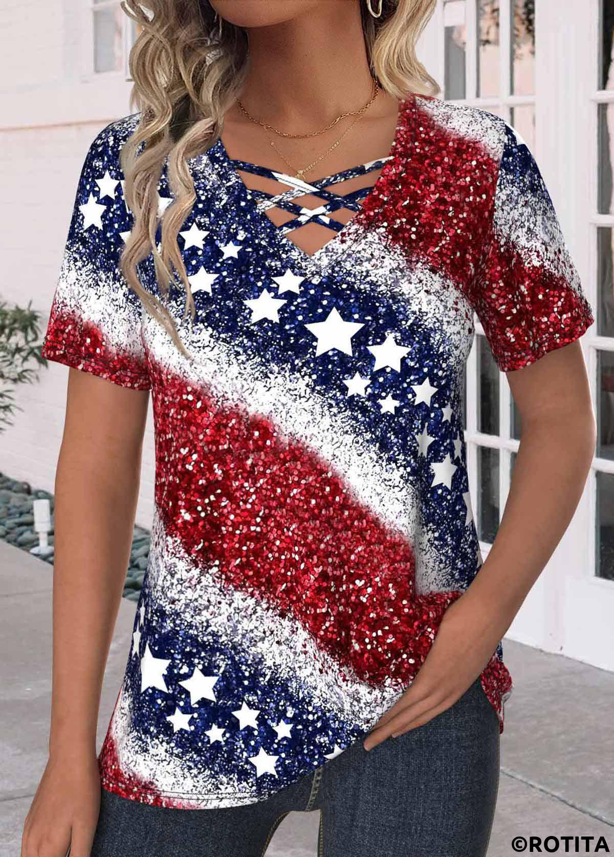 Navy tops,Red tops,Flag tops,ROTITA Criss Cross Flag Print Navy V Neck T Shirt