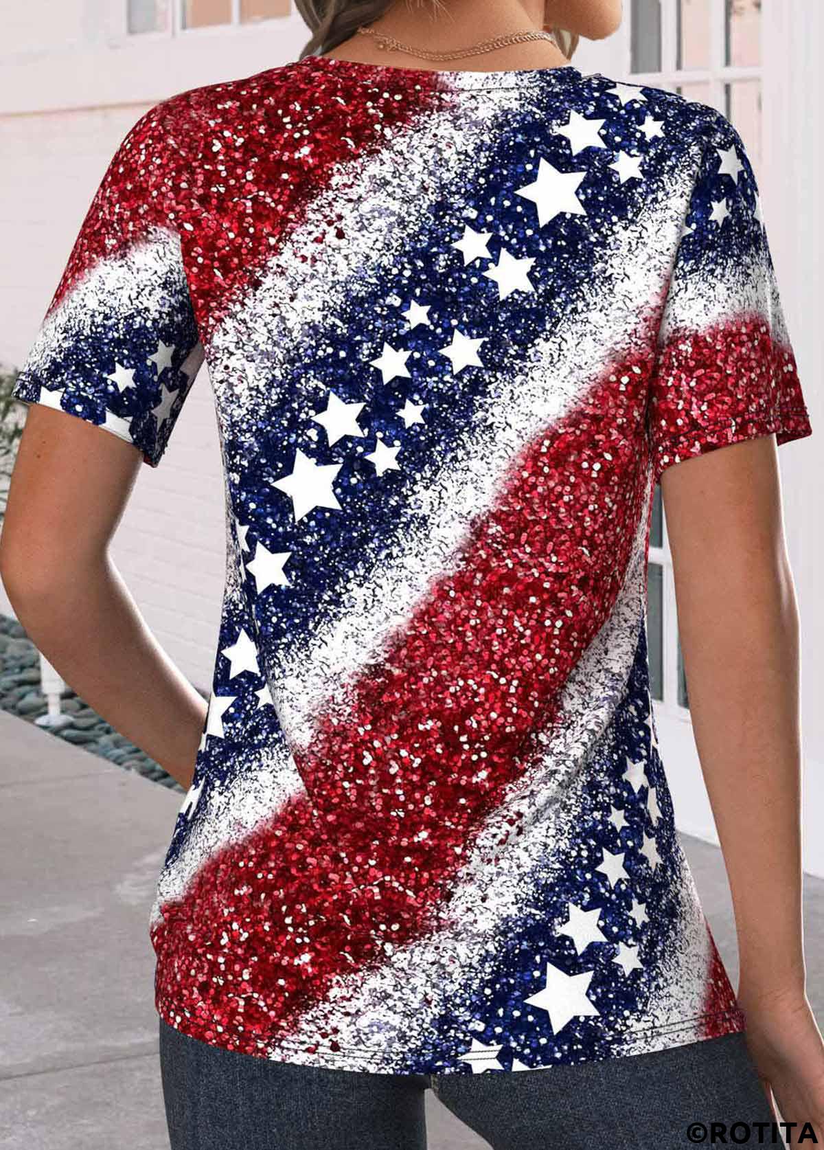 Navy tops,Red tops,Flag tops,ROTITA Criss Cross Flag Print Navy V Neck T Shirt
