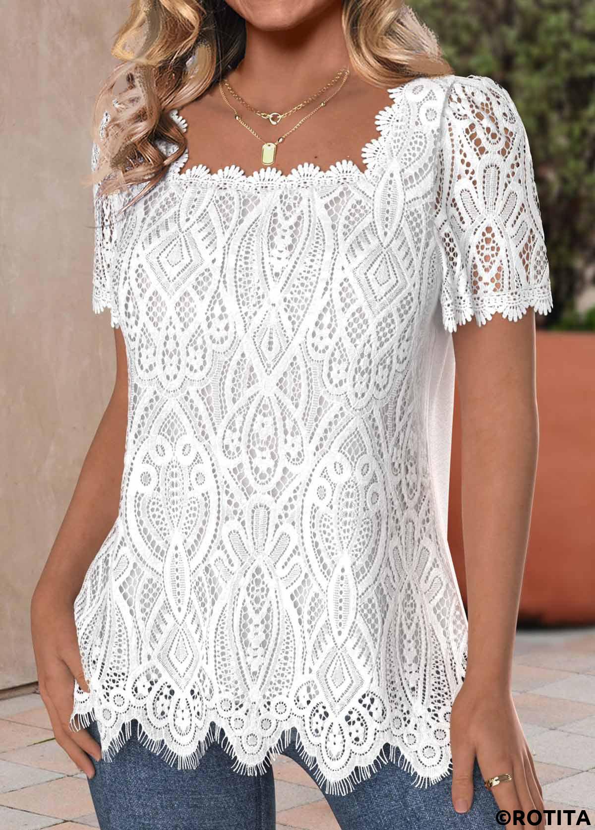 White tops,Plain Color tops,ROTITA Lace White Square Neck Short Sleeve T Shirt