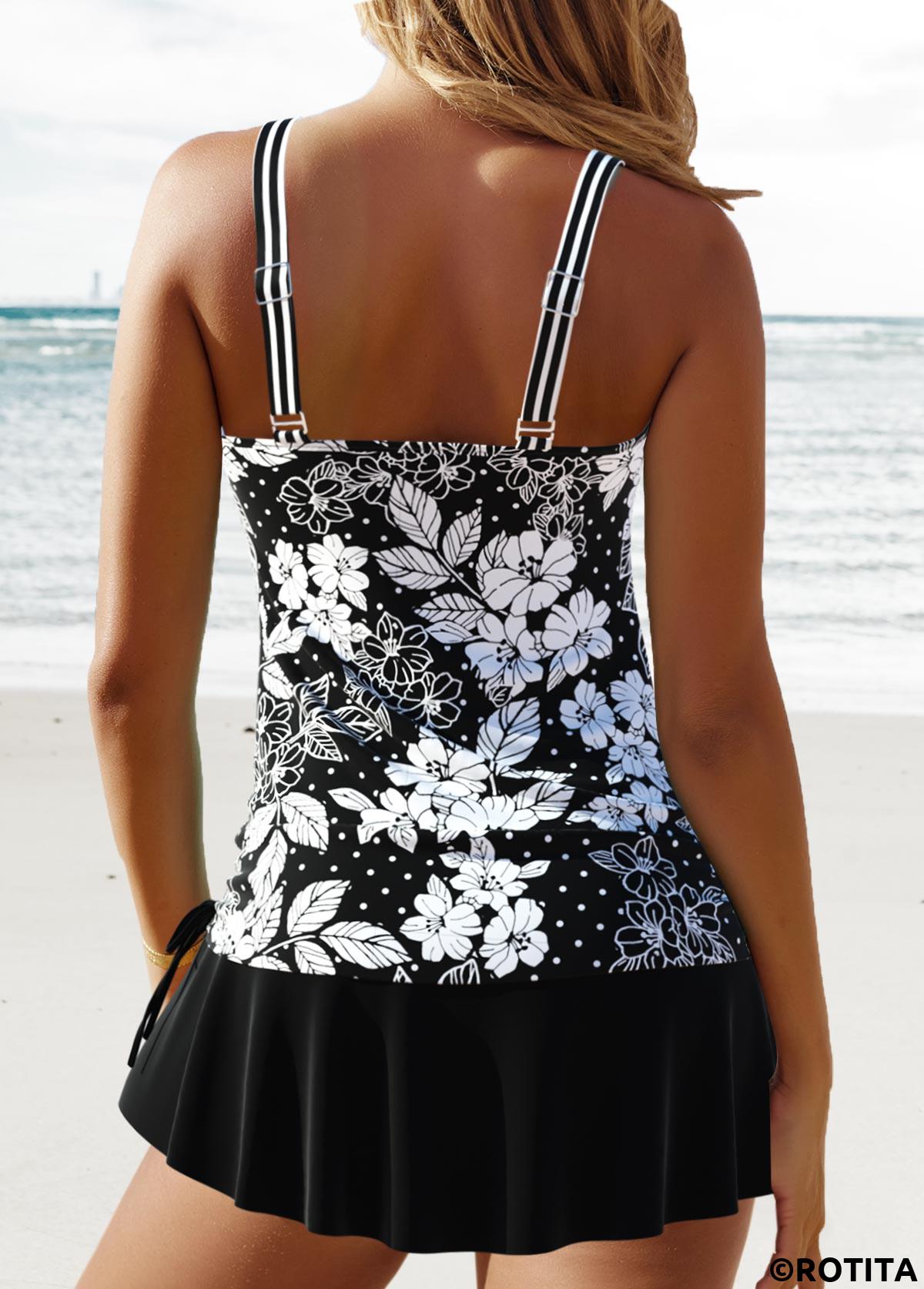 Black swimwear,Floral swimwear,Plants swimwear,ROTITA Circular Ring Black Floral Print Tankini Set
