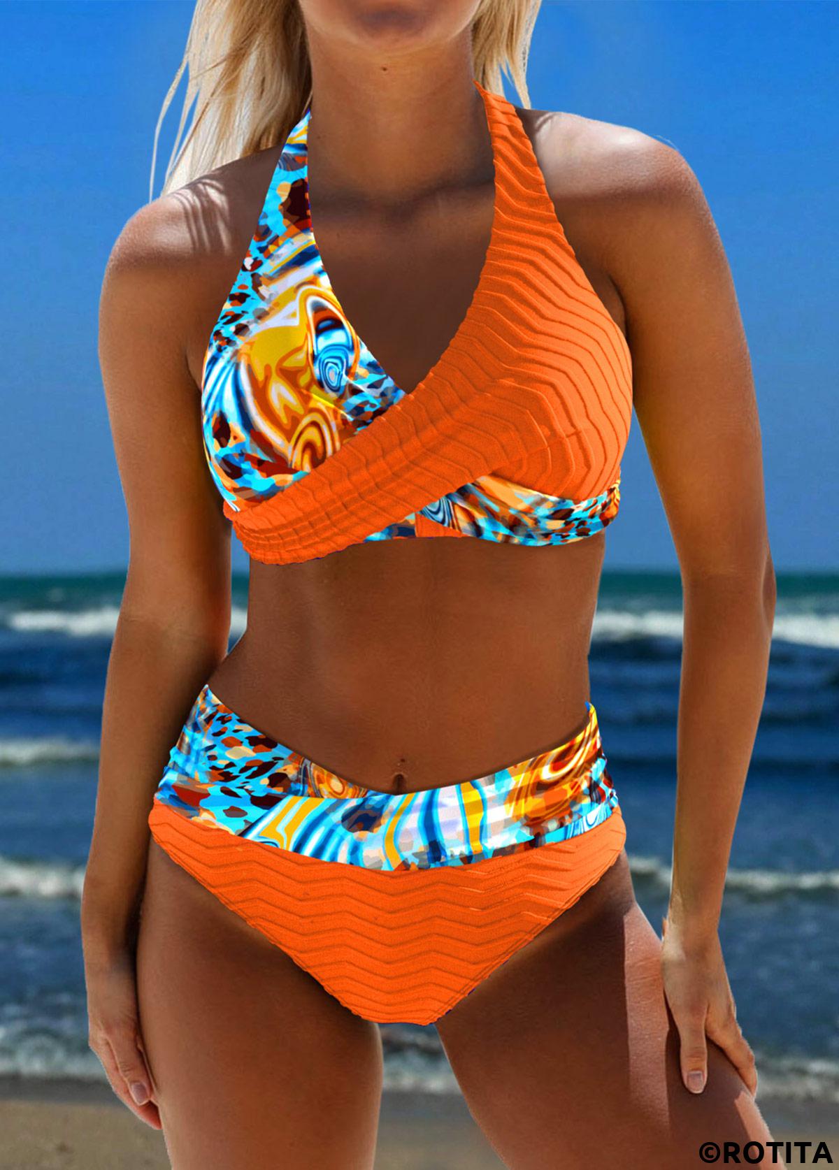 Orange swimwear,Floral swimwear,Plants swimwear,ROTITA Surplice Orange Floral Print Bikini Set