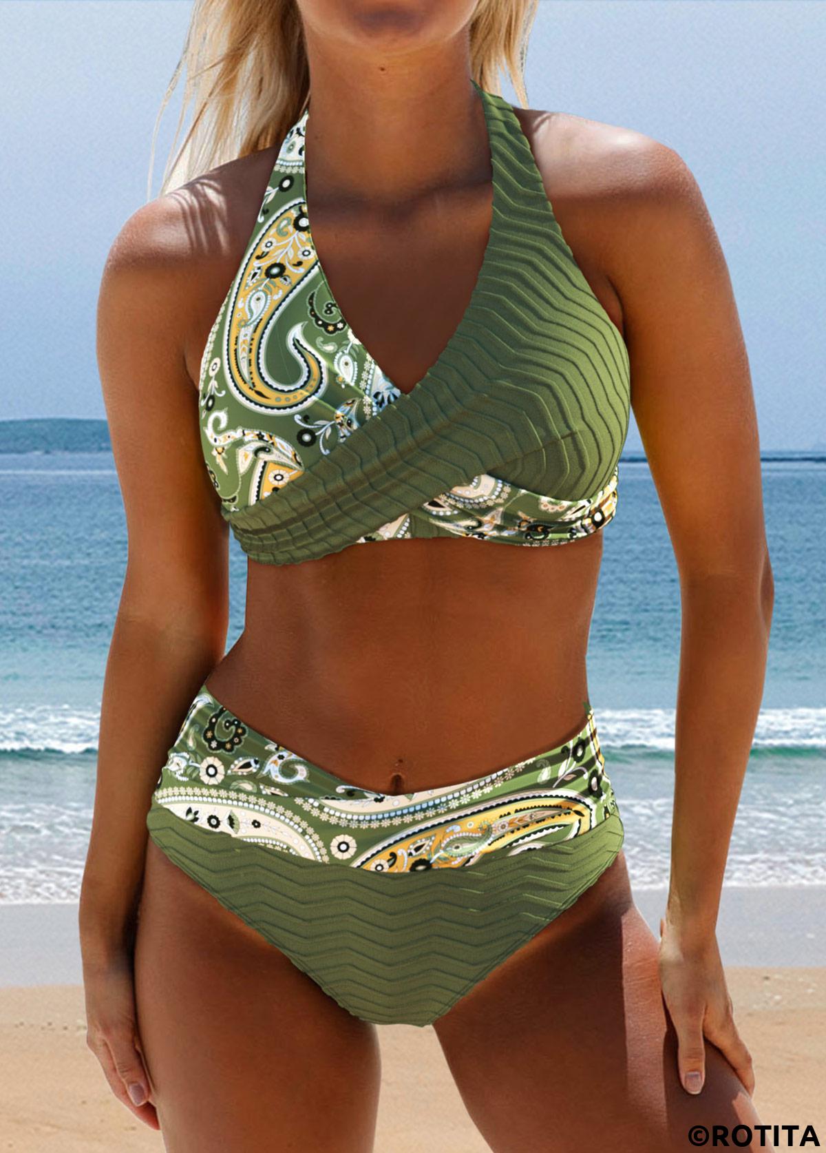 Olive Green swimwear,Floral swimwear,Plants swimwear,ROTITA Surplice Olive Green Floral Print Bikini Set