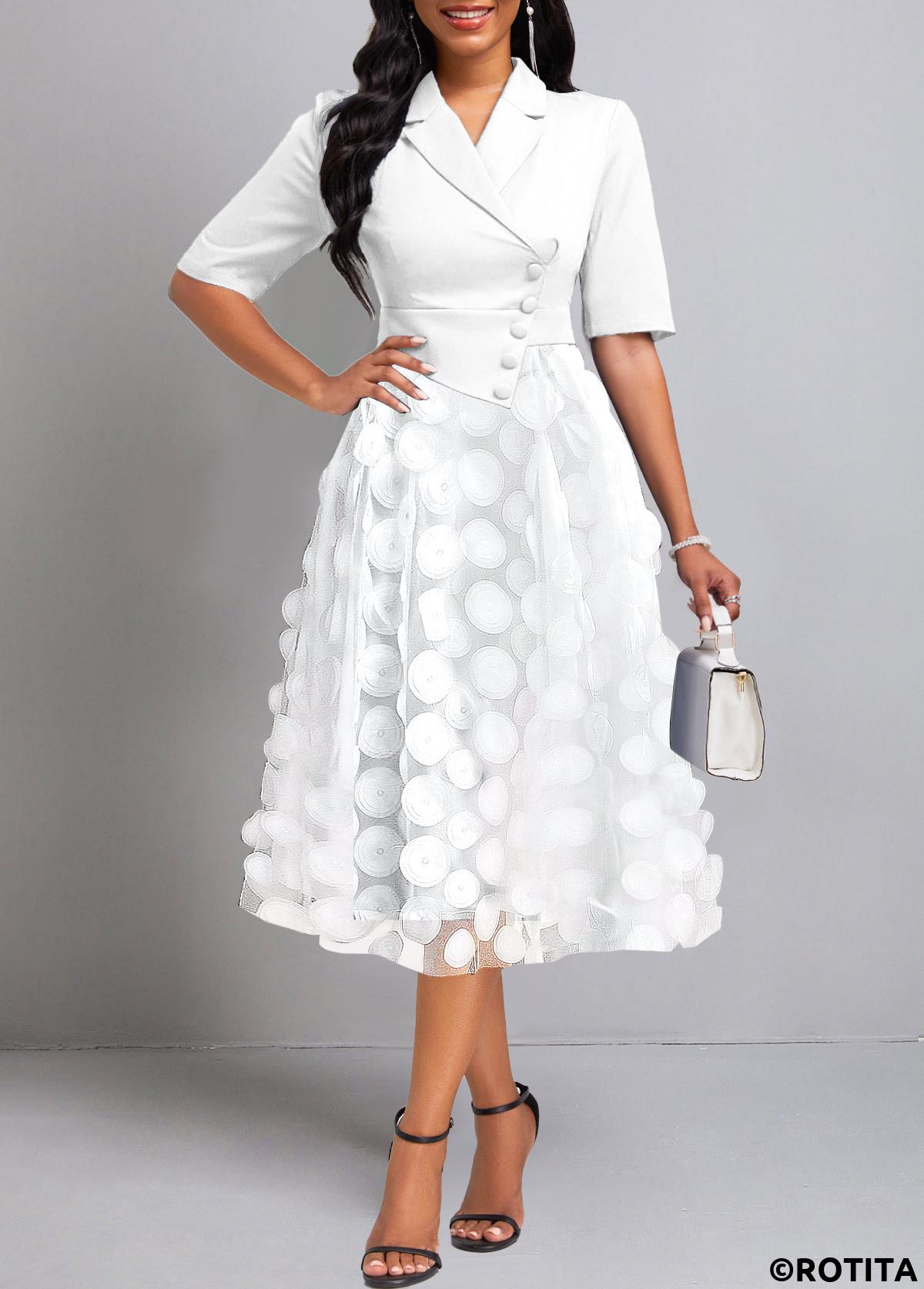 ROTITA Burn Out Printing Raw White Lapel Short Sleeve Dress