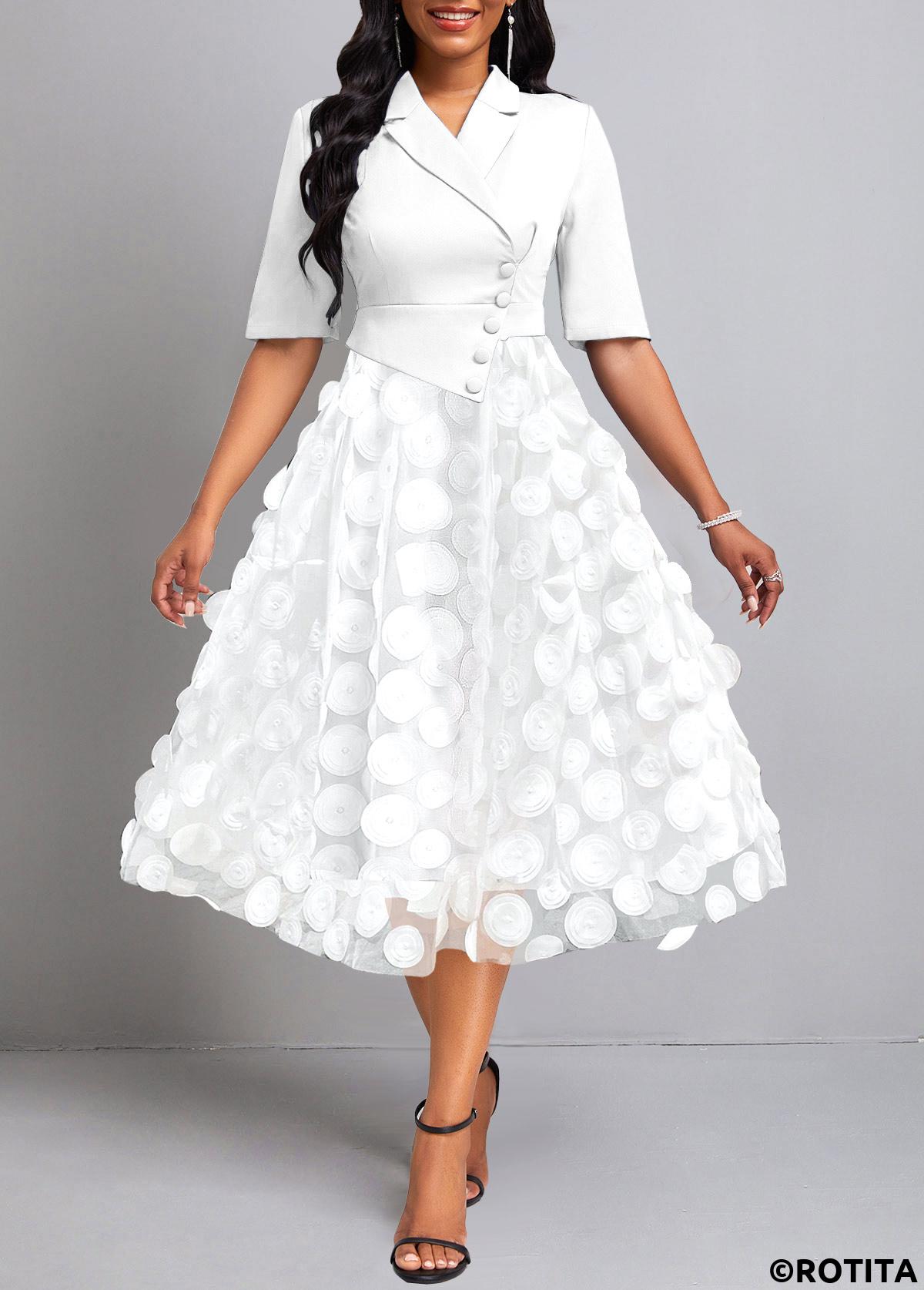 ROTITA Burn Out Printing Raw White Lapel Short Sleeve Dress