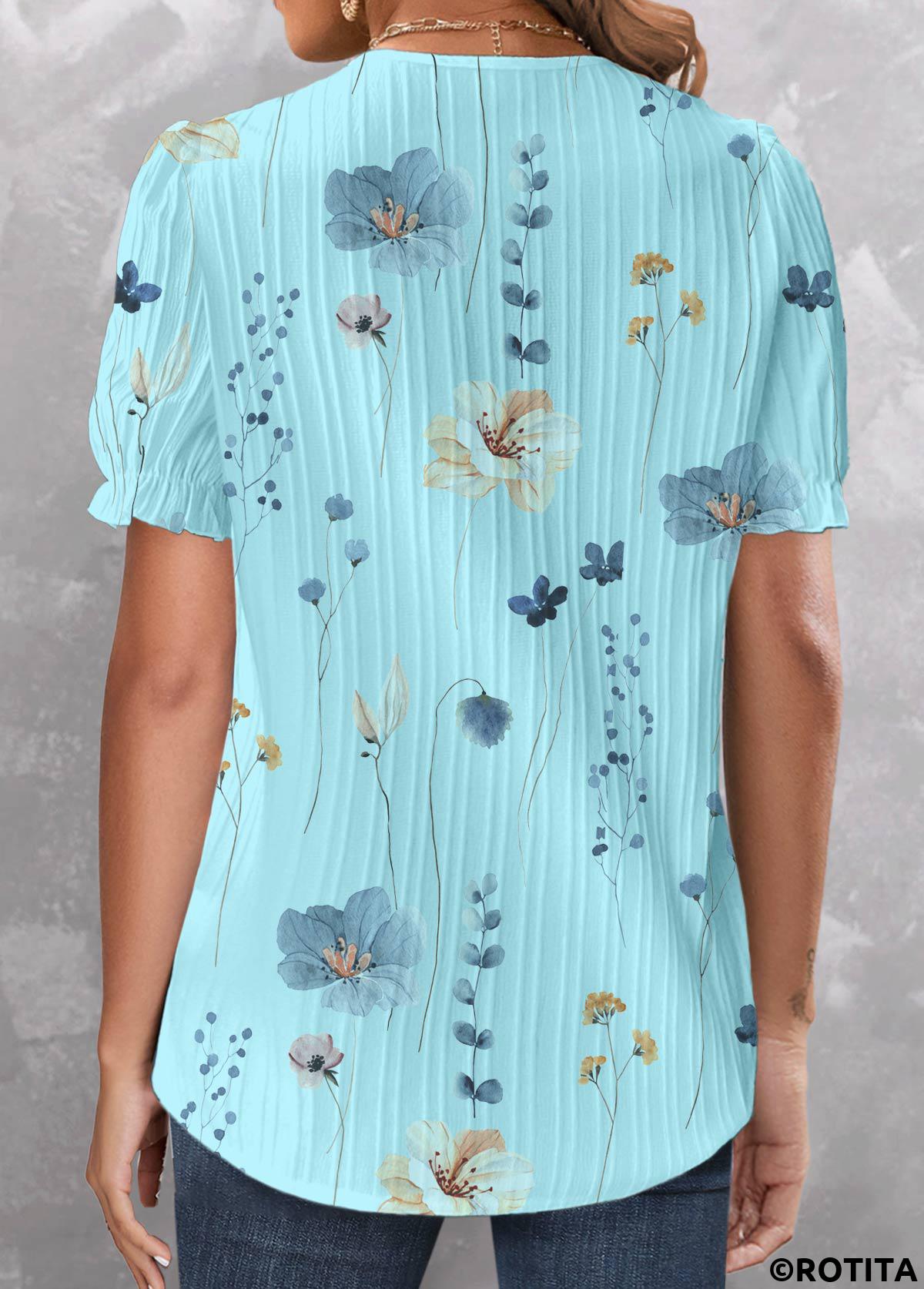 Cyan tops,Floral tops,Plants tops,ROTITA Plus Size Patchwork Cyan Floral Print V Neck Blouse