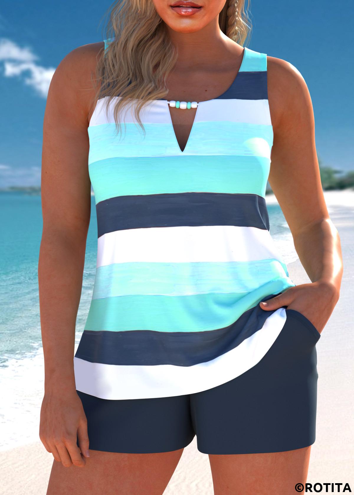 Cyan plus size,Striped plus size,Geometric plus size,ROTITA Plus Size Cut Out Multi Stripe Print Tankini Set