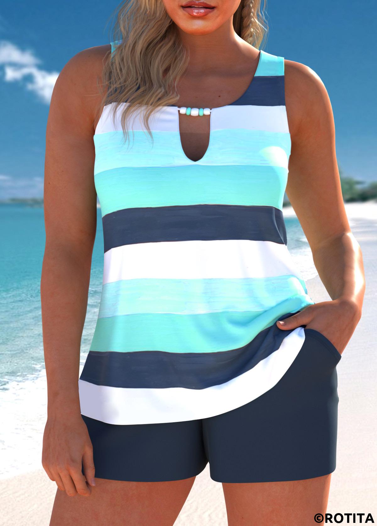 Cyan plus size,Striped plus size,Geometric plus size,ROTITA Plus Size Cut Out Multi Stripe Print Tankini Set