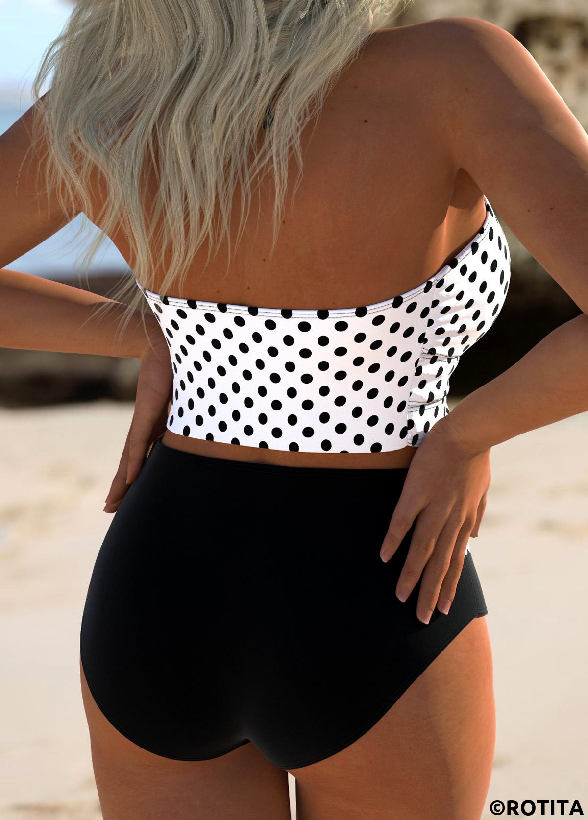 Black swimwear,White swimwear,Dot swimwear,ROTITA Lace Up Black Polka Dot Bikini Set
