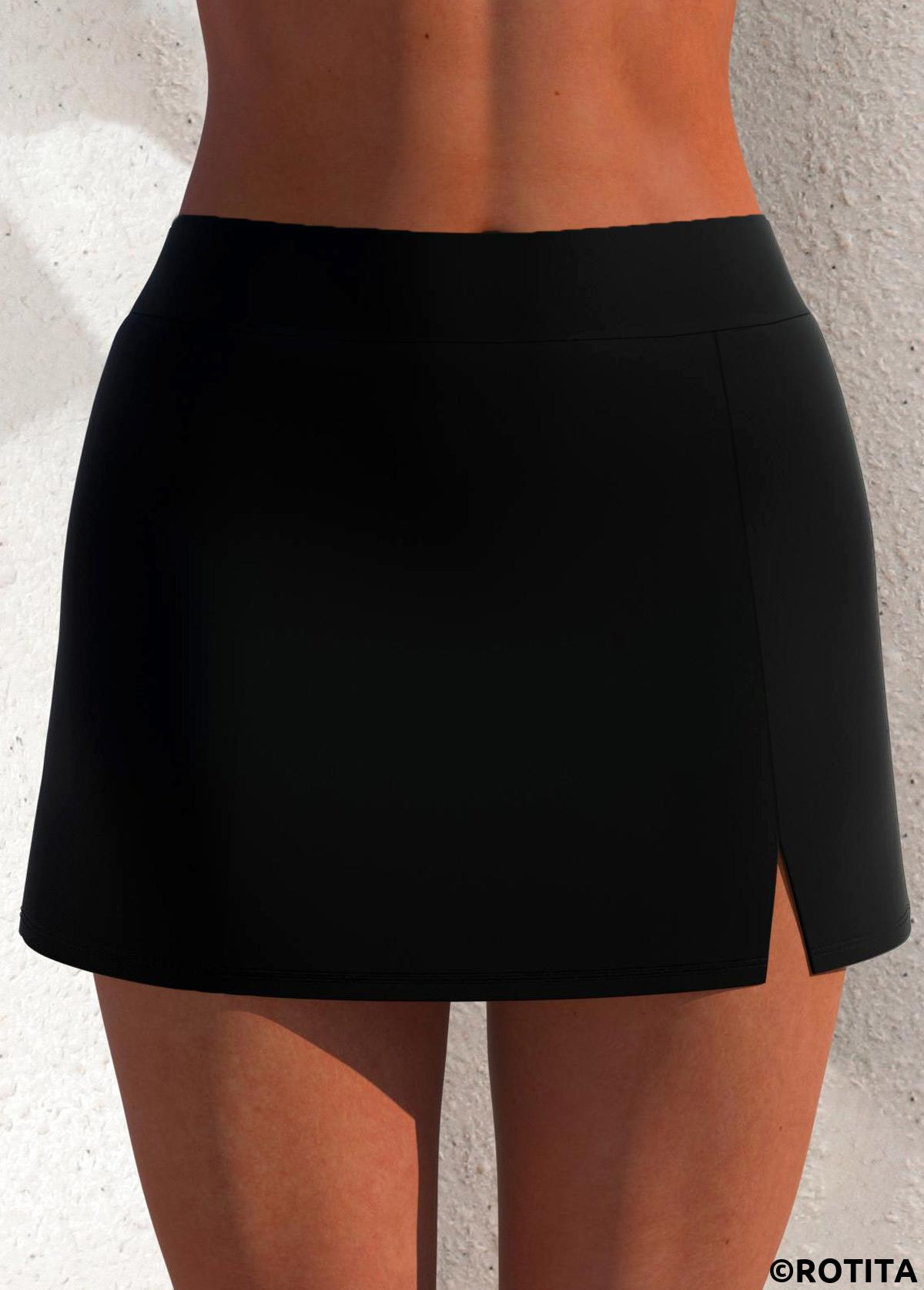 Black swimwear,Plain Color swimwear,ROTITA Mid Waist Black Pocket Side Slit Pantskirt