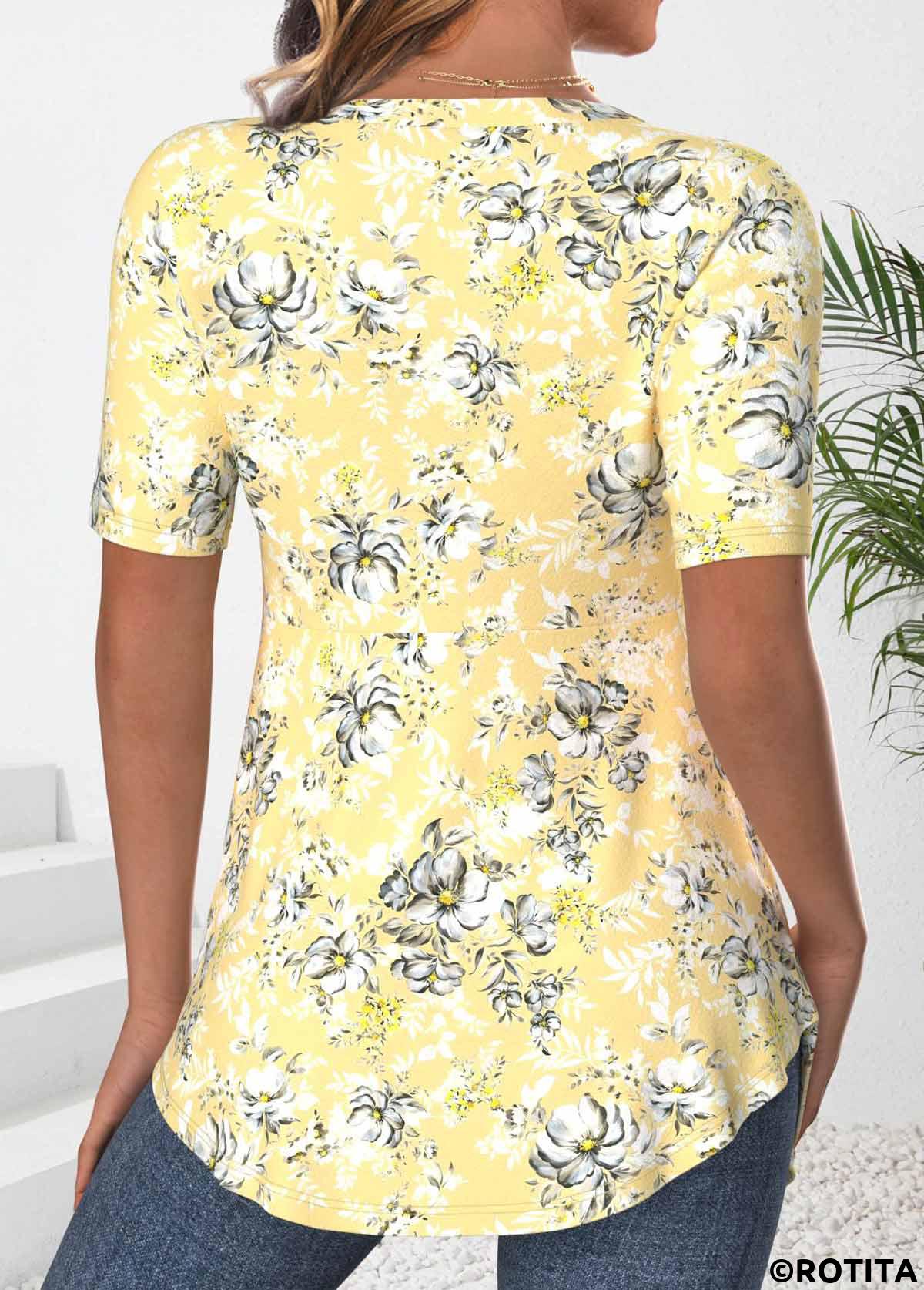 Light Yellow tops,Floral tops,Plants tops,ROTITA Floral Print Light Yellow Fake Two Piece Twinset