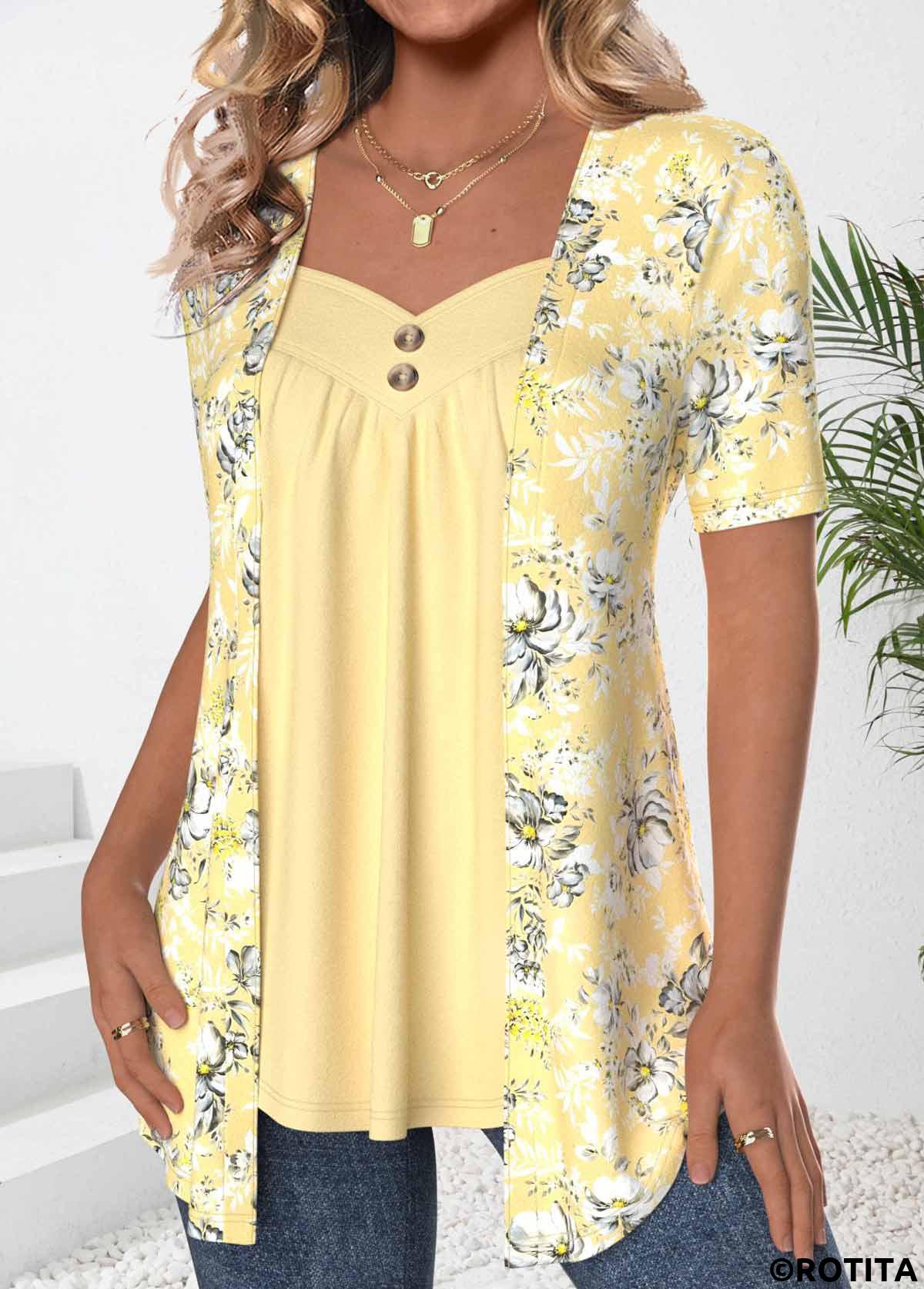 Light Yellow tops,Floral tops,Plants tops,ROTITA Floral Print Light Yellow Fake Two Piece Twinset