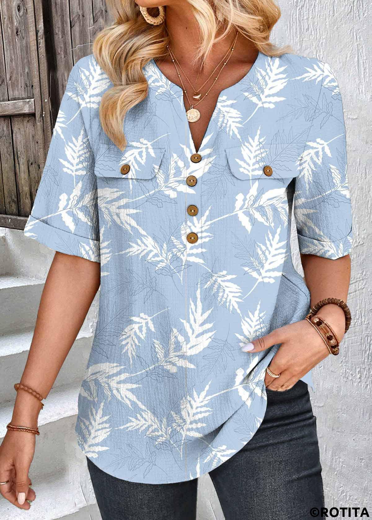 Blue tops,Plants tops,ROTITA Patchwork Leaf Print Blue Split Neck Short Sleeve Blouse
