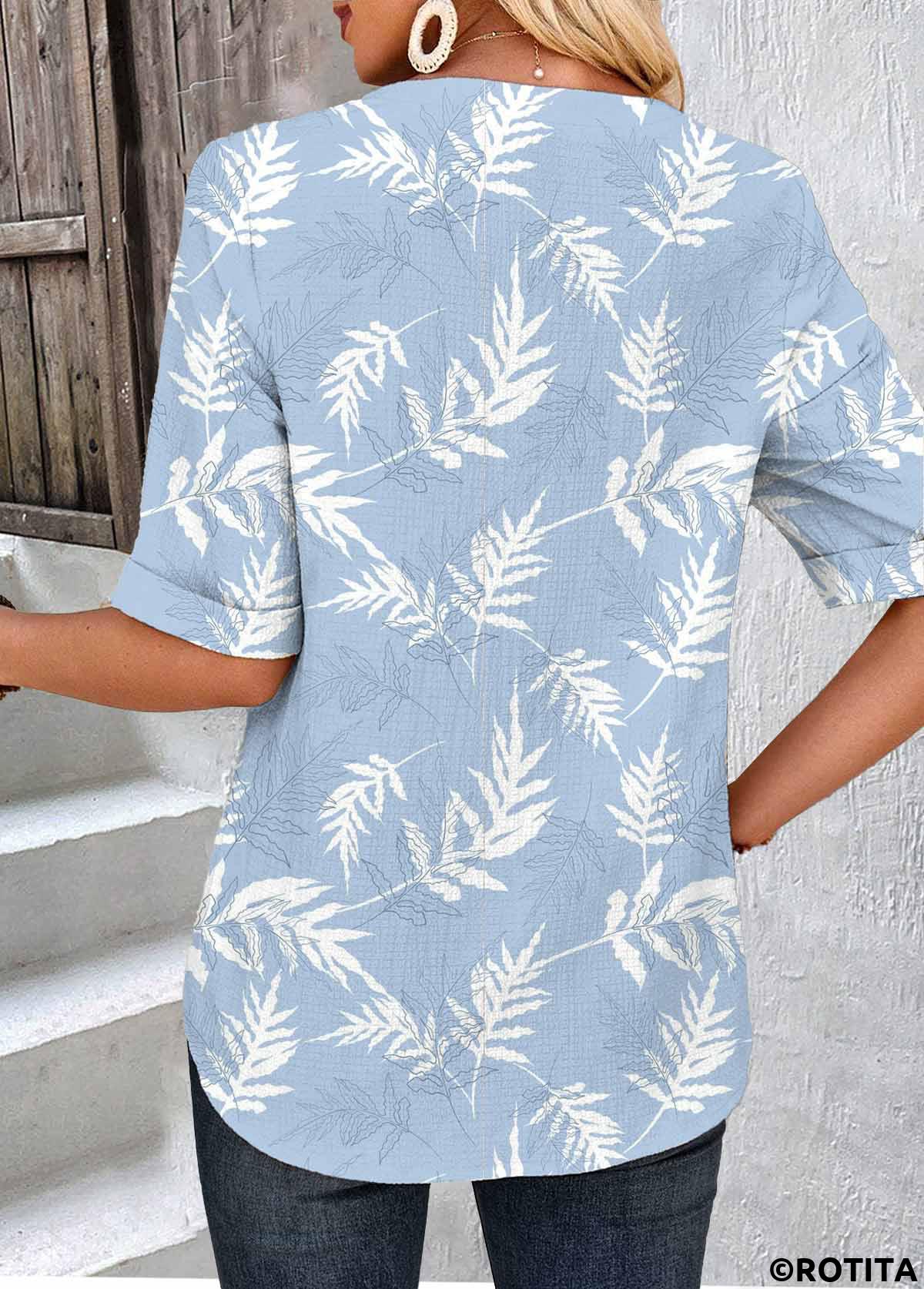 Blue tops,Plants tops,ROTITA Patchwork Leaf Print Blue Split Neck Short Sleeve Blouse