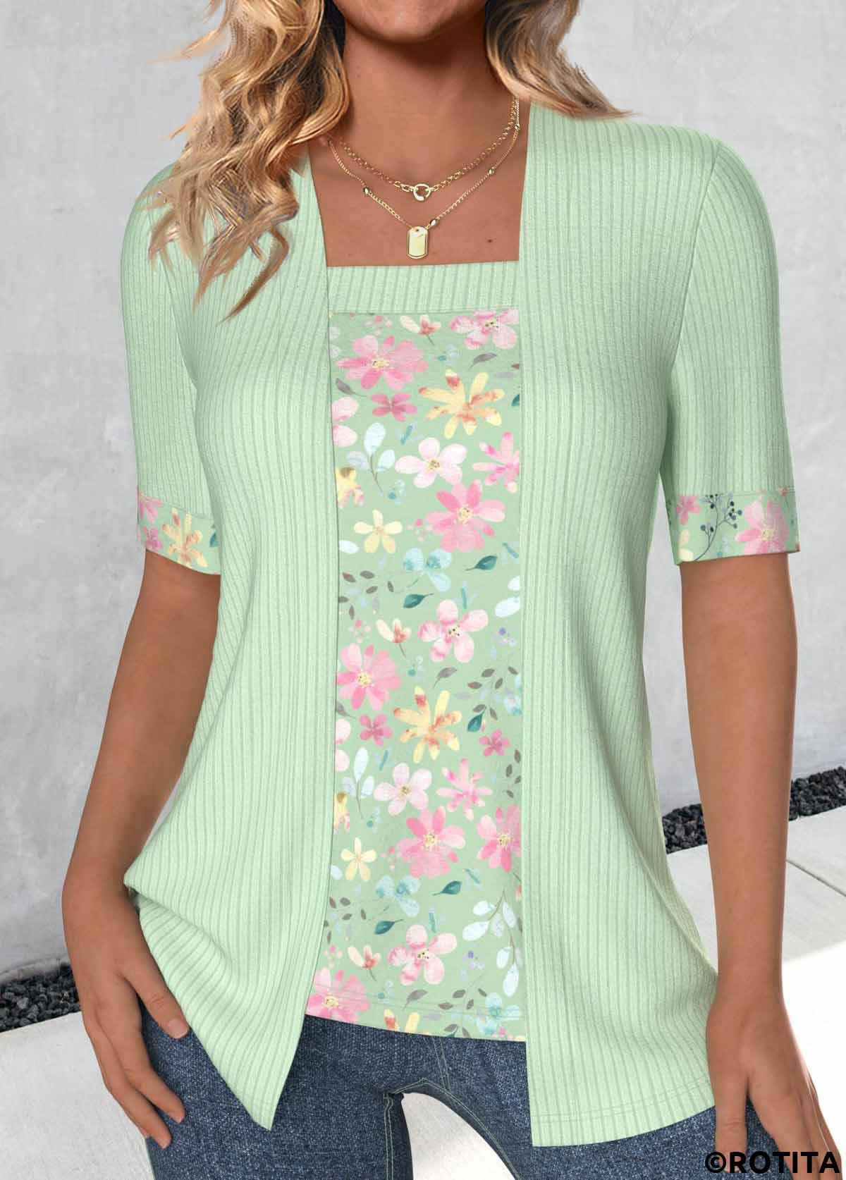 Light Green tops,Floral tops,Plants tops,ROTITA Floral Print Light Green Fake Two Piece Twinset