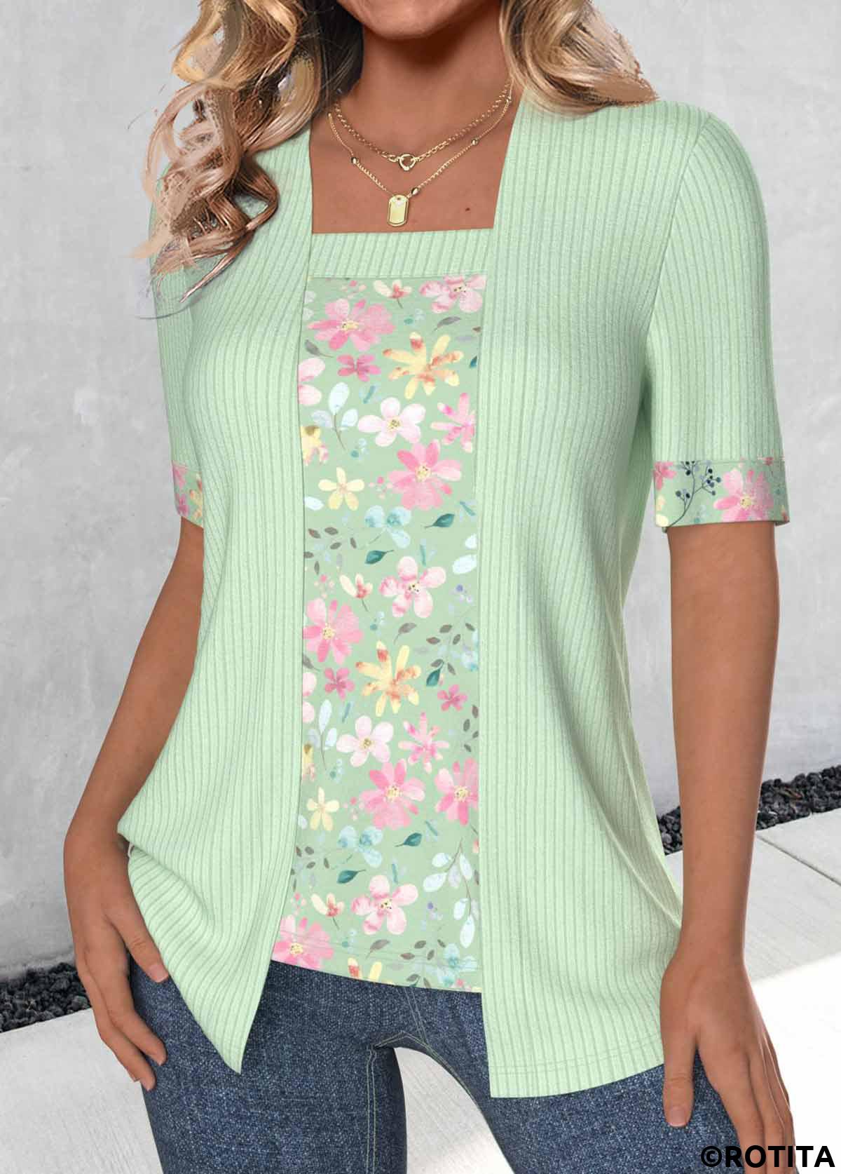 Light Green tops,Floral tops,Plants tops,ROTITA Floral Print Light Green Fake Two Piece Twinset