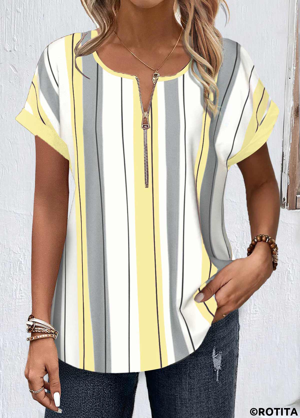 Light Yellow tops,Striped tops,Geometric tops,ROTITA Zipper Striped Light Yellow Round Neck Short Sleeve Blouse