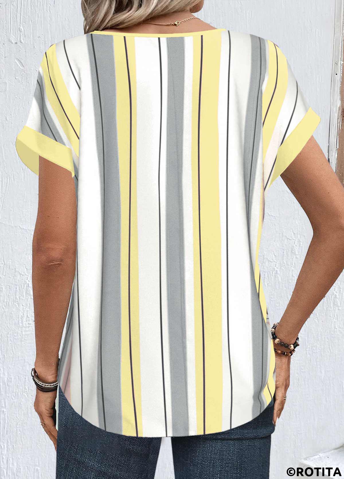 Light Yellow tops,Striped tops,Geometric tops,ROTITA Zipper Striped Light Yellow Round Neck Short Sleeve Blouse