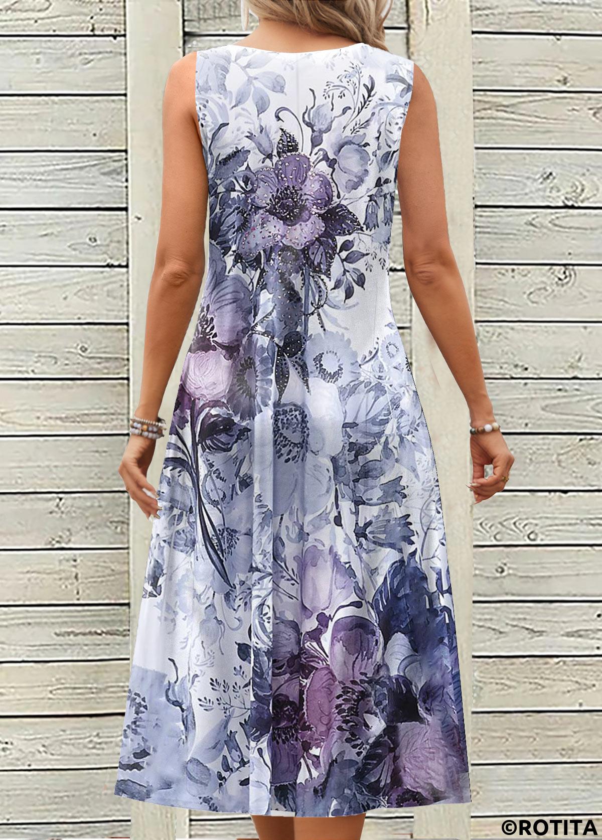 Dusty Purple dresses,Floral dresses,Plants dresses,Everyday dresses,Casual dresses,ROTITA Breathable Floral Print Dusty Purple A Line Sleeveless Dress