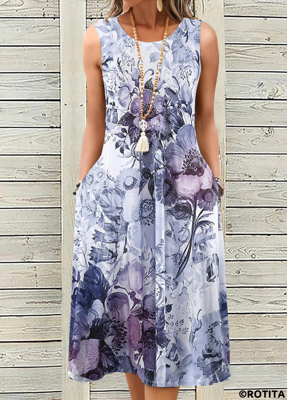 Dusty Purple dresses,Floral dresses,Plants dresses,Everyday dresses,Casual dresses,ROTITA Breathable Floral Print Dusty Purple A Line Sleeveless Dress