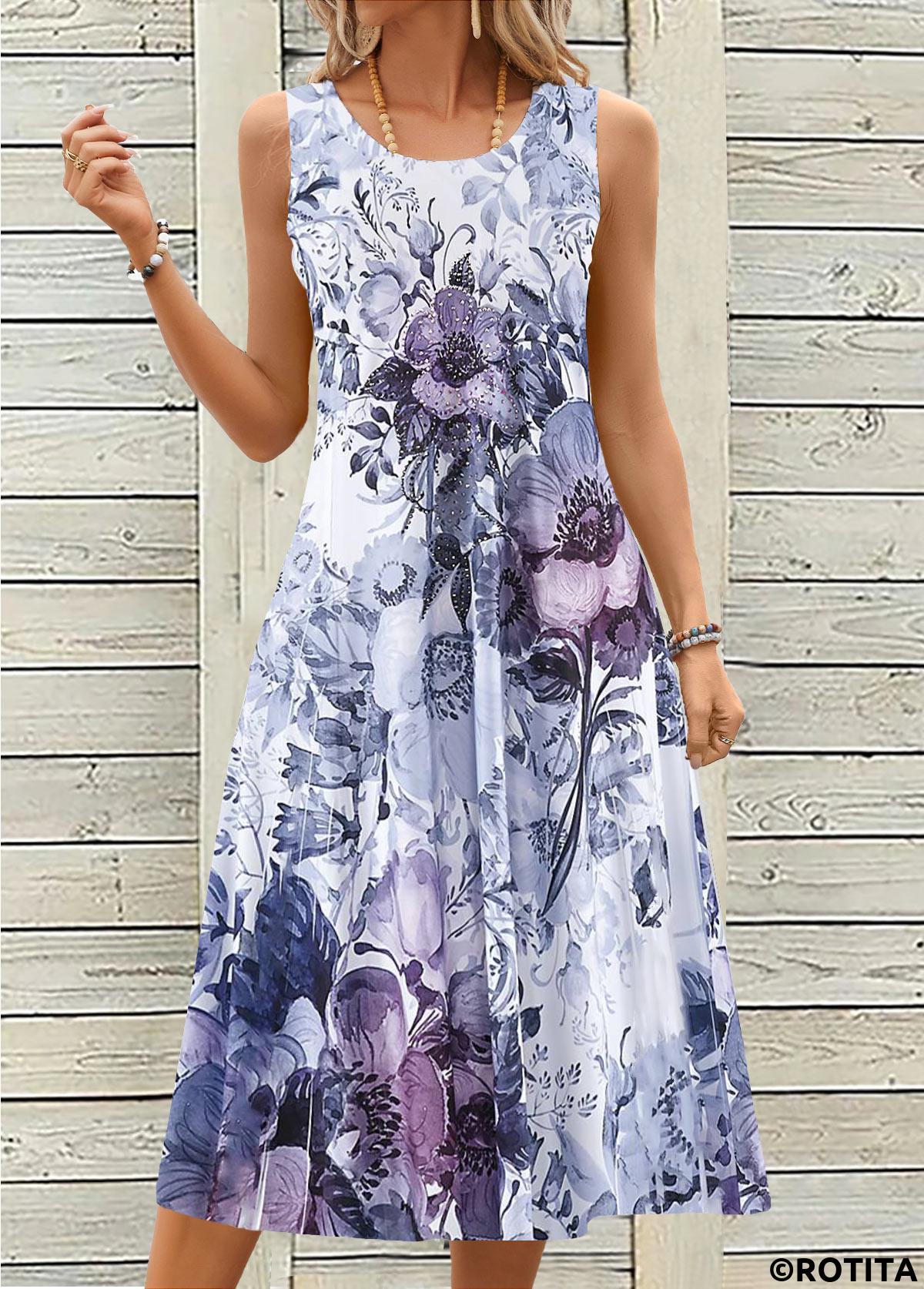 Dusty Purple dresses,Floral dresses,Plants dresses,Everyday dresses,Casual dresses,ROTITA Breathable Floral Print Dusty Purple A Line Sleeveless Dress