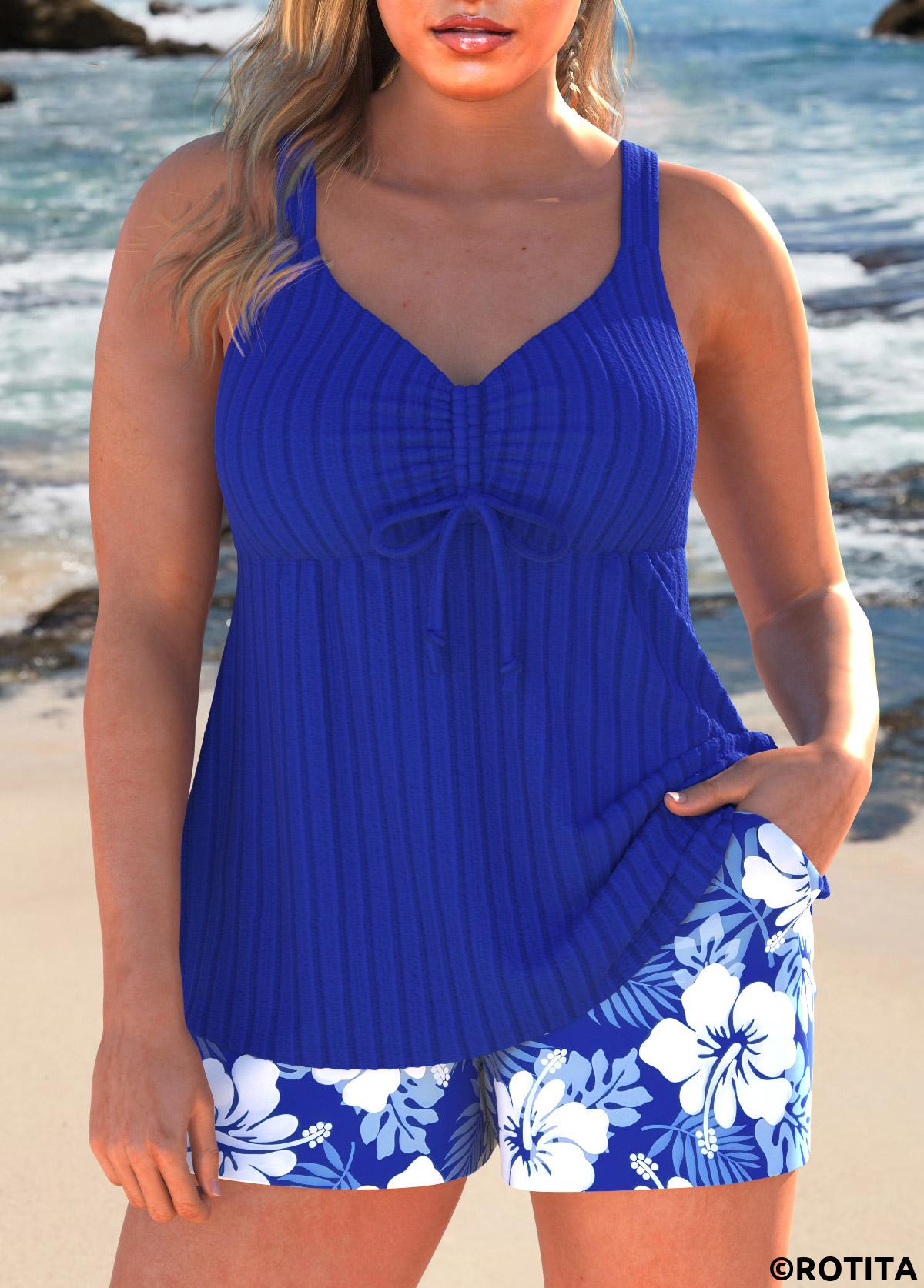 Royal Blue plus size,Floral plus size,Plants plus size,ROTITA Plus Size Ruched Floral Print Royal Blue Tankini Set