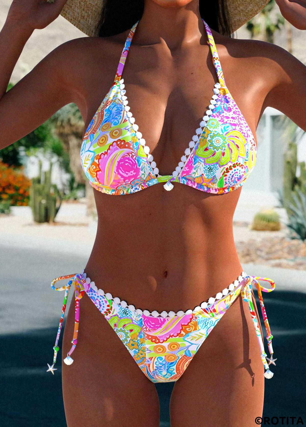 Multi Color swimwear,Geometric swimwear,Floral swimwear,Plants swimwear,Tribal swimwear,ROTITA Patchwork Multi Color Geometric Print Bikini Set