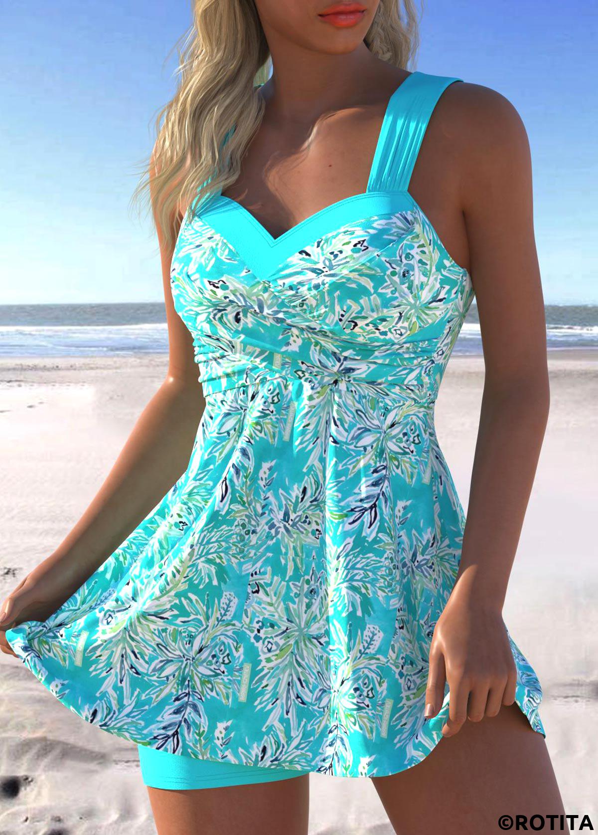 Cyan plus size,Plants plus size,ROTITA Plus Size Surplice Leaf Print Cyan Swimdress and Shorts