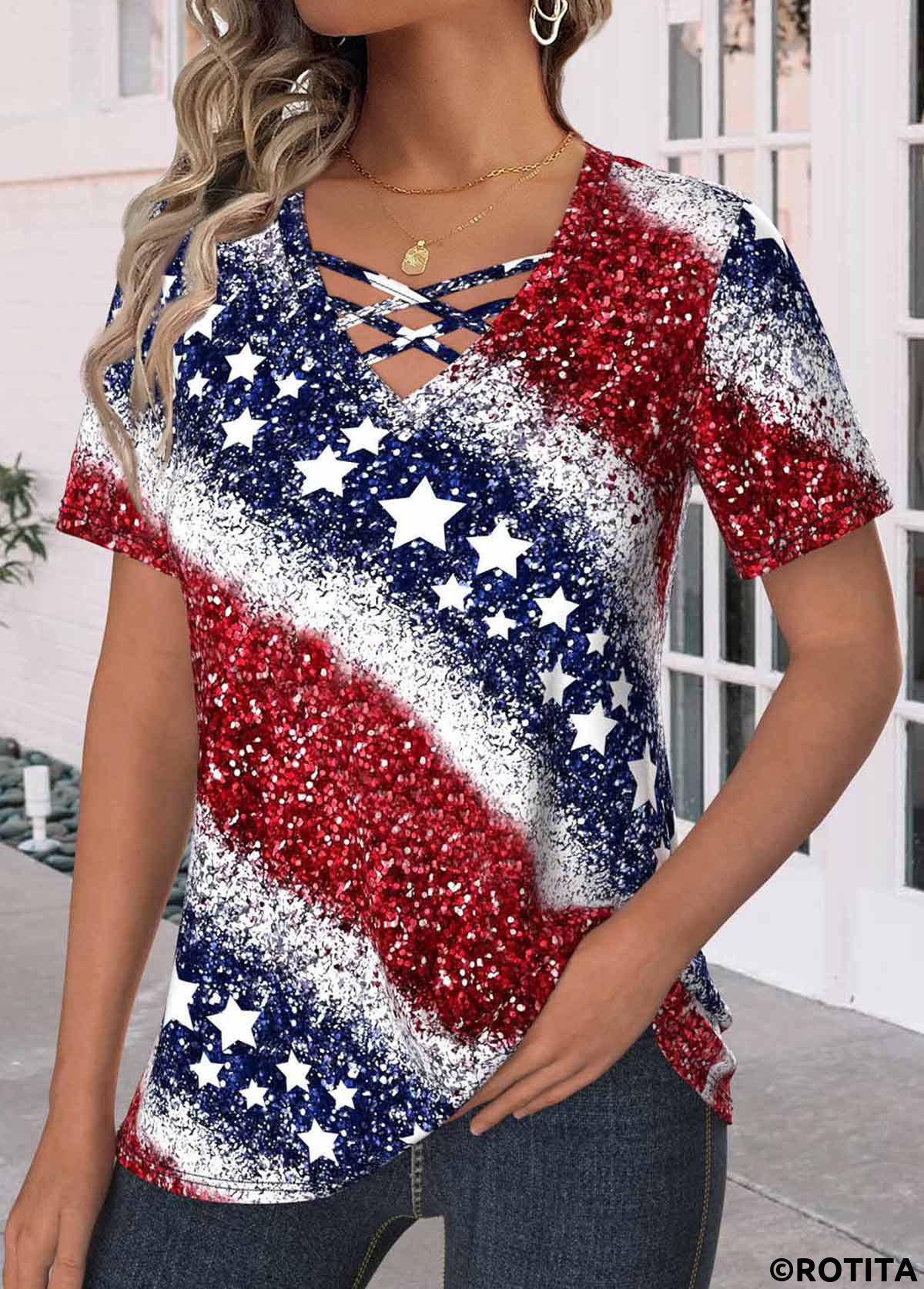 Navy tops,Red tops,Flag tops,ROTITA Criss Cross Flag Print Navy V Neck T Shirt