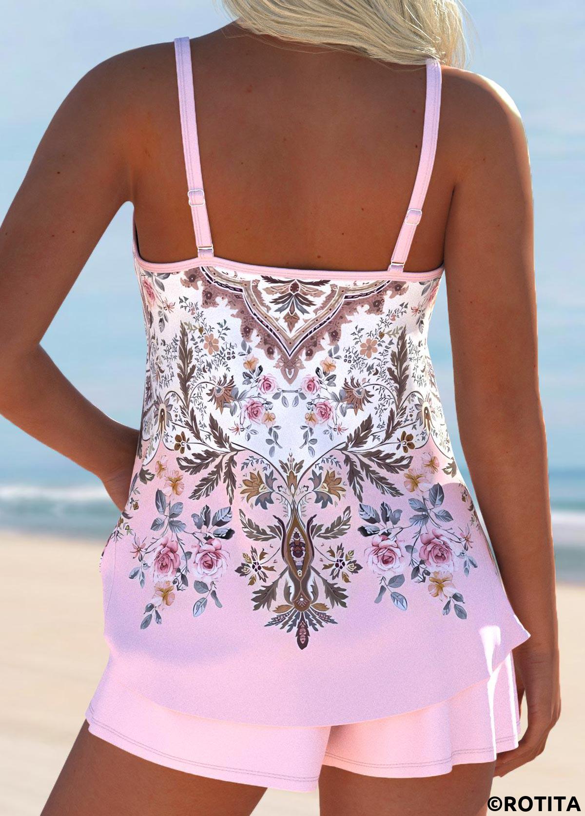 Light Pink swimwear,Tribal swimwear,ROTITA Pocket Light Pink Tribal Print Tankini Set