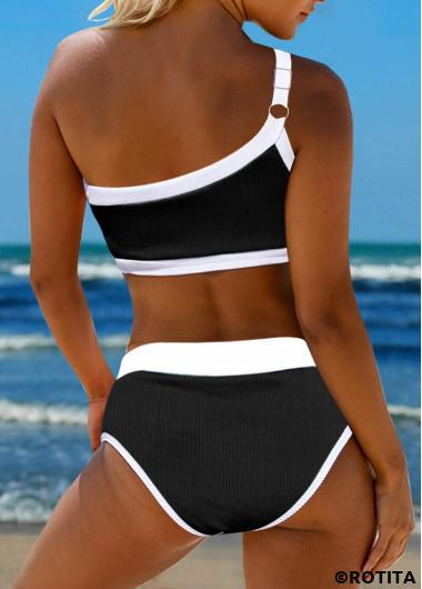 ROTITA Contrast Binding Asymmetric Black Bikini Set