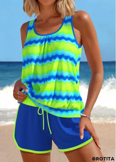ROTITA Patchwork Neon Green Wave Pattern Print Tankini Set