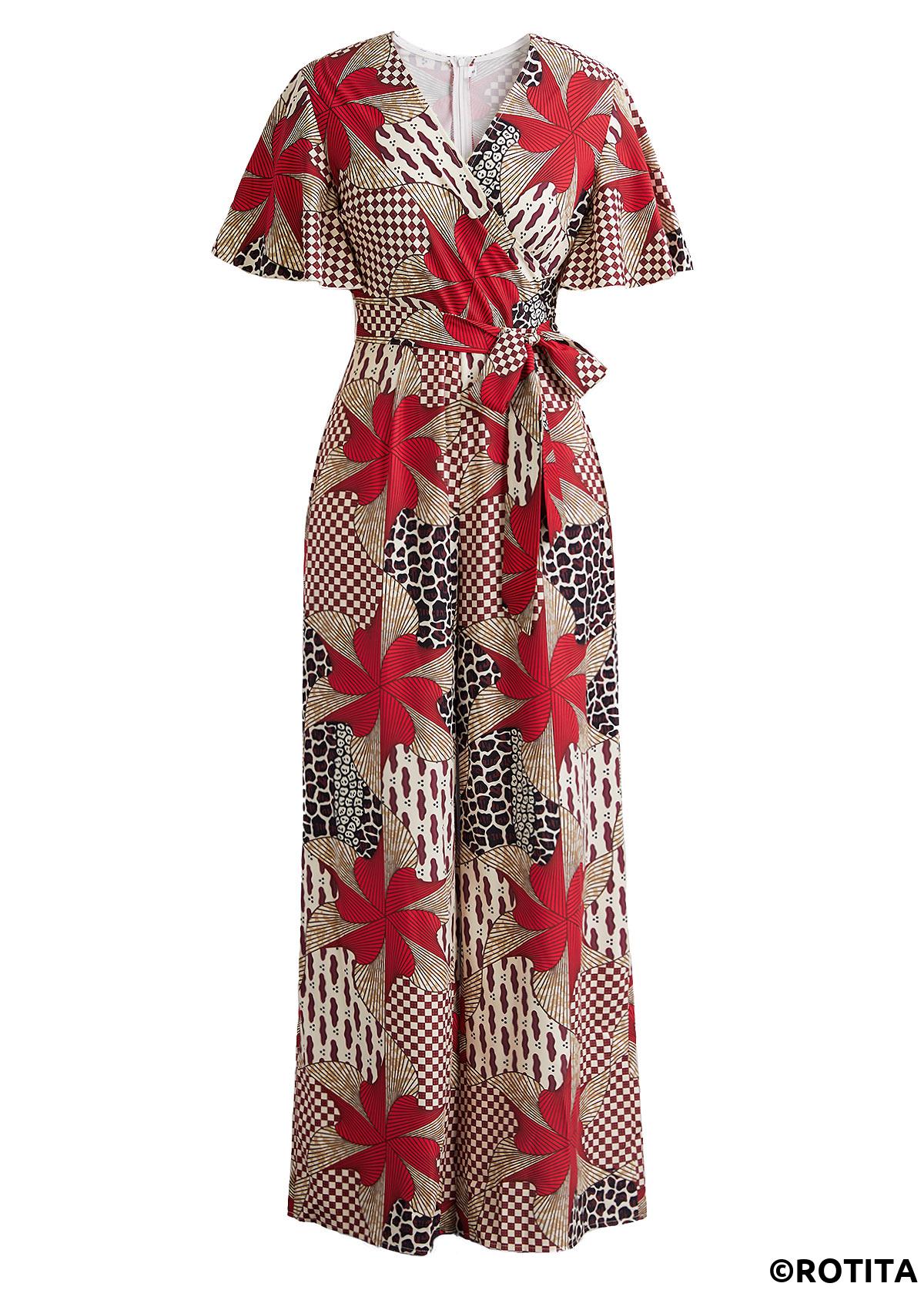 Multi Color jumpsuits&rompers,Tribal jumpsuits&rompers,Striped jumpsuits&rompers,Geometric jumpsuits&rompers,ROTITA Patchwork Tribal Print Multi Color Belted Long Jumpsuit