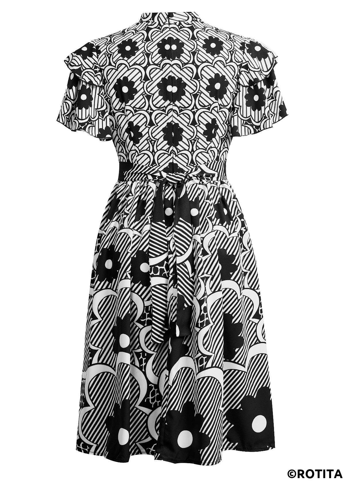 Black dresses,White dresses,Floral dresses,Plants dresses,Striped dresses,Geometric dresses,Party dresses,Elegant dresses,ROTITA Ruched Floral Print Black Belted Stand Collar Dress
