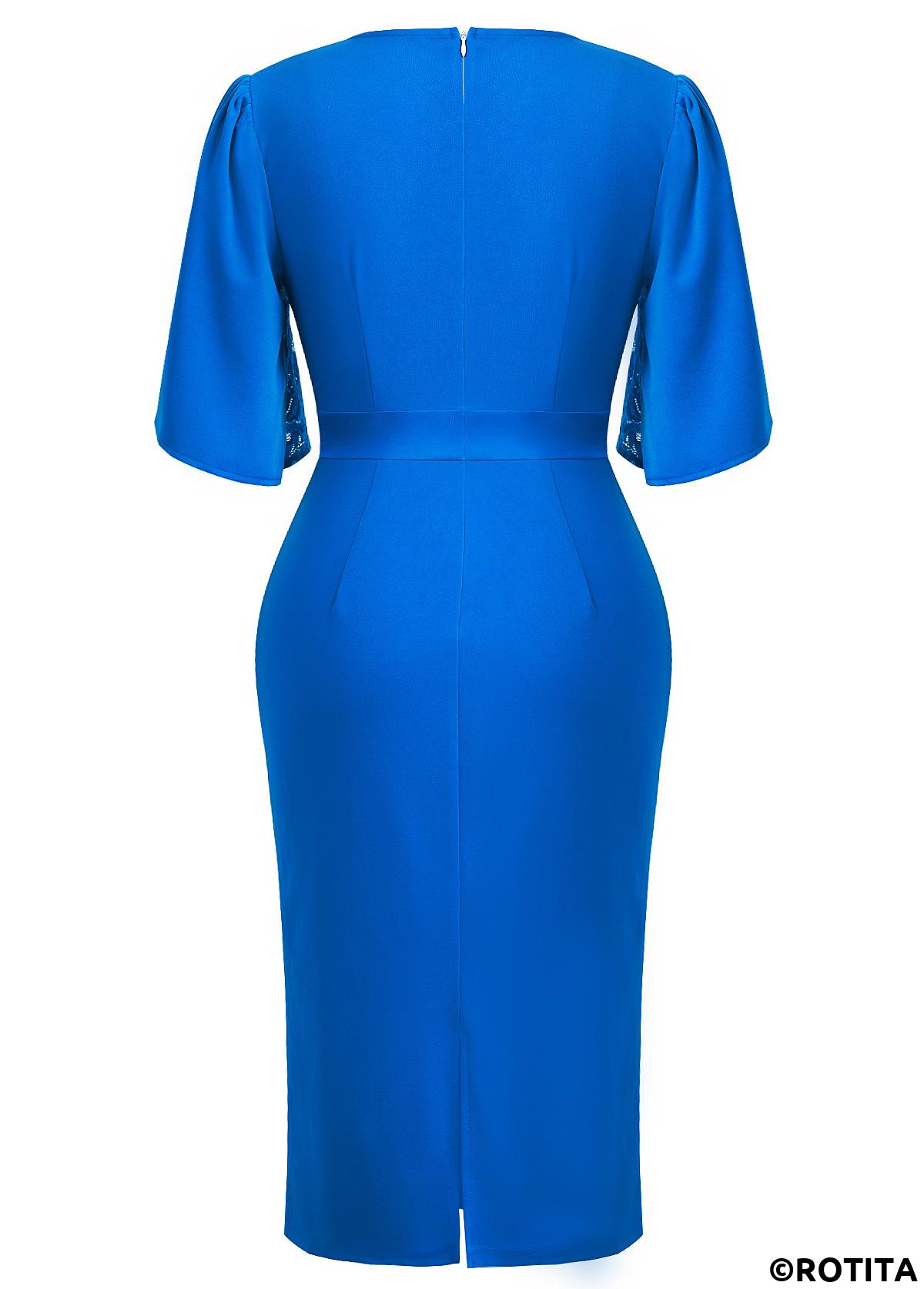 Blue dresses,Plain Color dresses,Party dresses,Elegant dresses,ROTITA Lace Blue Round Neck Half Sleeve Bodycon Dress