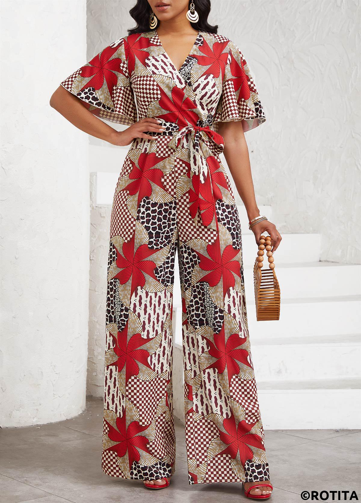 Multi Color jumpsuits&rompers,Tribal jumpsuits&rompers,Striped jumpsuits&rompers,Geometric jumpsuits&rompers,ROTITA Patchwork Tribal Print Multi Color Belted Long Jumpsuit