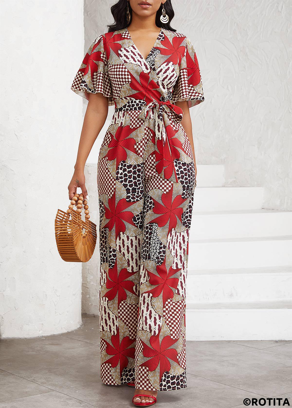 Multi Color jumpsuits&rompers,Tribal jumpsuits&rompers,Striped jumpsuits&rompers,Geometric jumpsuits&rompers,ROTITA Patchwork Tribal Print Multi Color Belted Long Jumpsuit