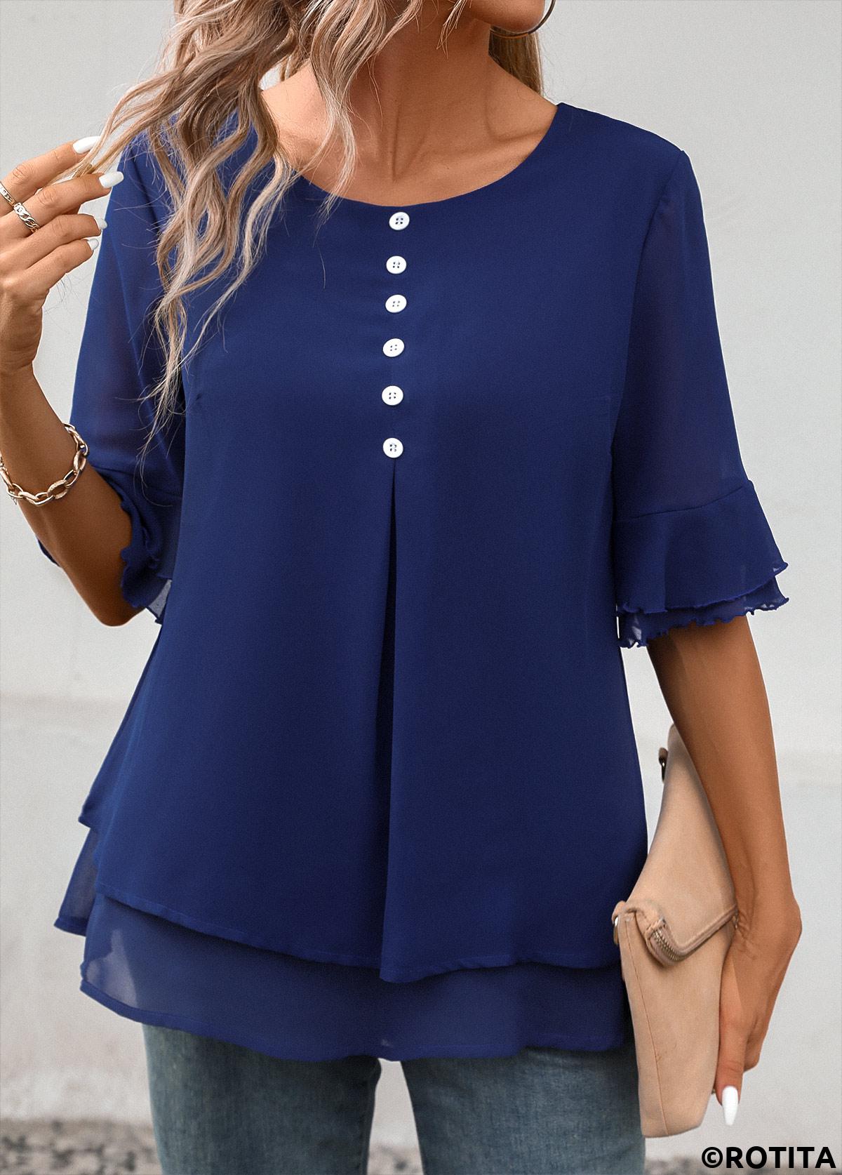 Navy tops,Plain Color tops,ROTITA Layered Navy Round Neck Short Sleeve Blouse